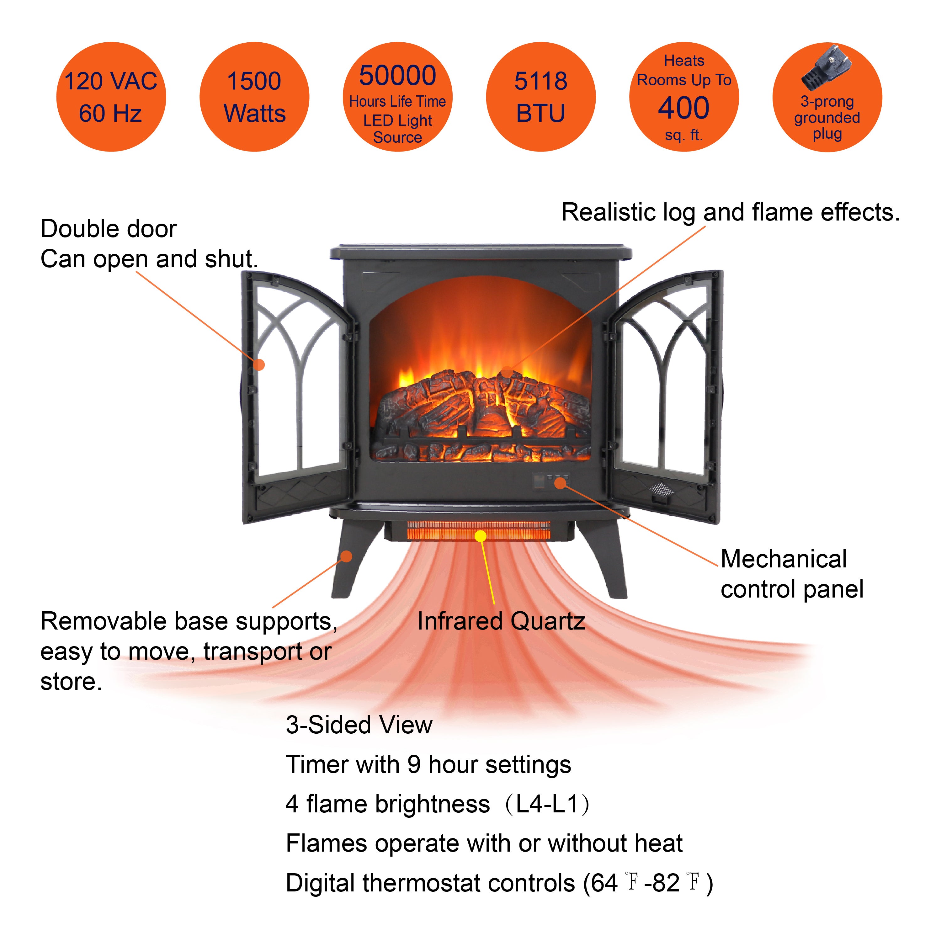 Classical 24-Inch 3D Flame Electric Infrared Quartz Fireplace Stove with Remote Control, Antique Black, Tempered Glass & Sheet Metal - Grand Goldman Shop