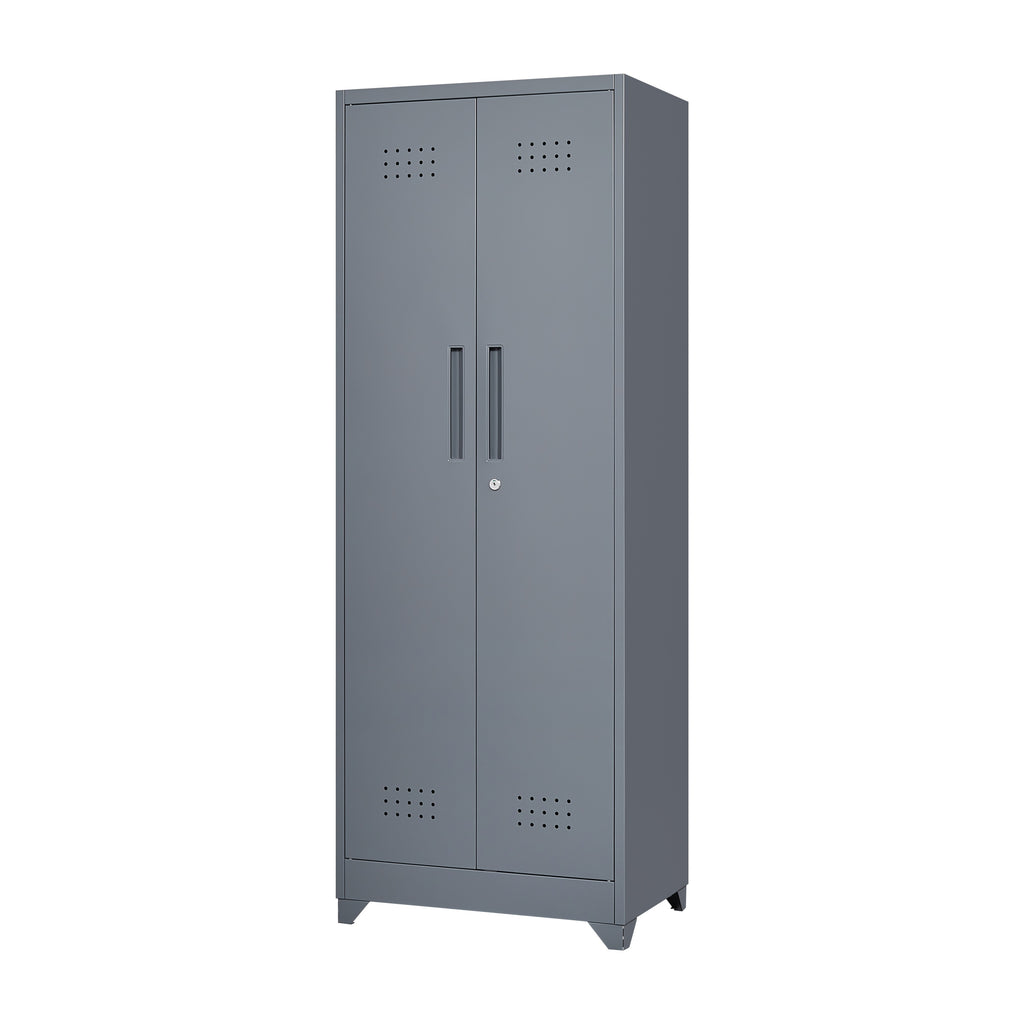 Grey Heavy Duty Metal Storage Cabinet with Locking Doors, Hanging Rod & Shelves, 65' H Broom Closet for Garage or Basement | 