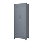 Grey Heavy Duty Metal Storage Cabinet with Locking Doors, Hanging Rod & Shelves, 65' H Broom Closet for Garage or Basement | 