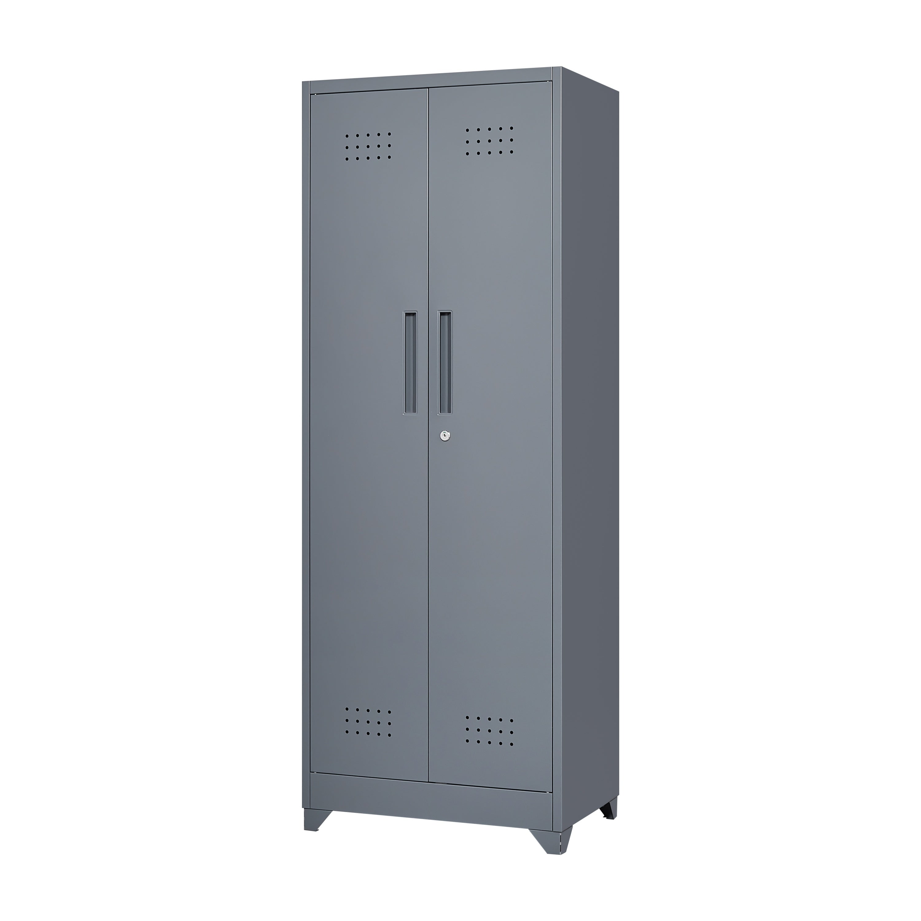Grey Heavy Duty Metal Storage Cabinet with Locking Doors, Hanging Rod & Shelves, 65' H Broom Closet for Garage or Basement | 