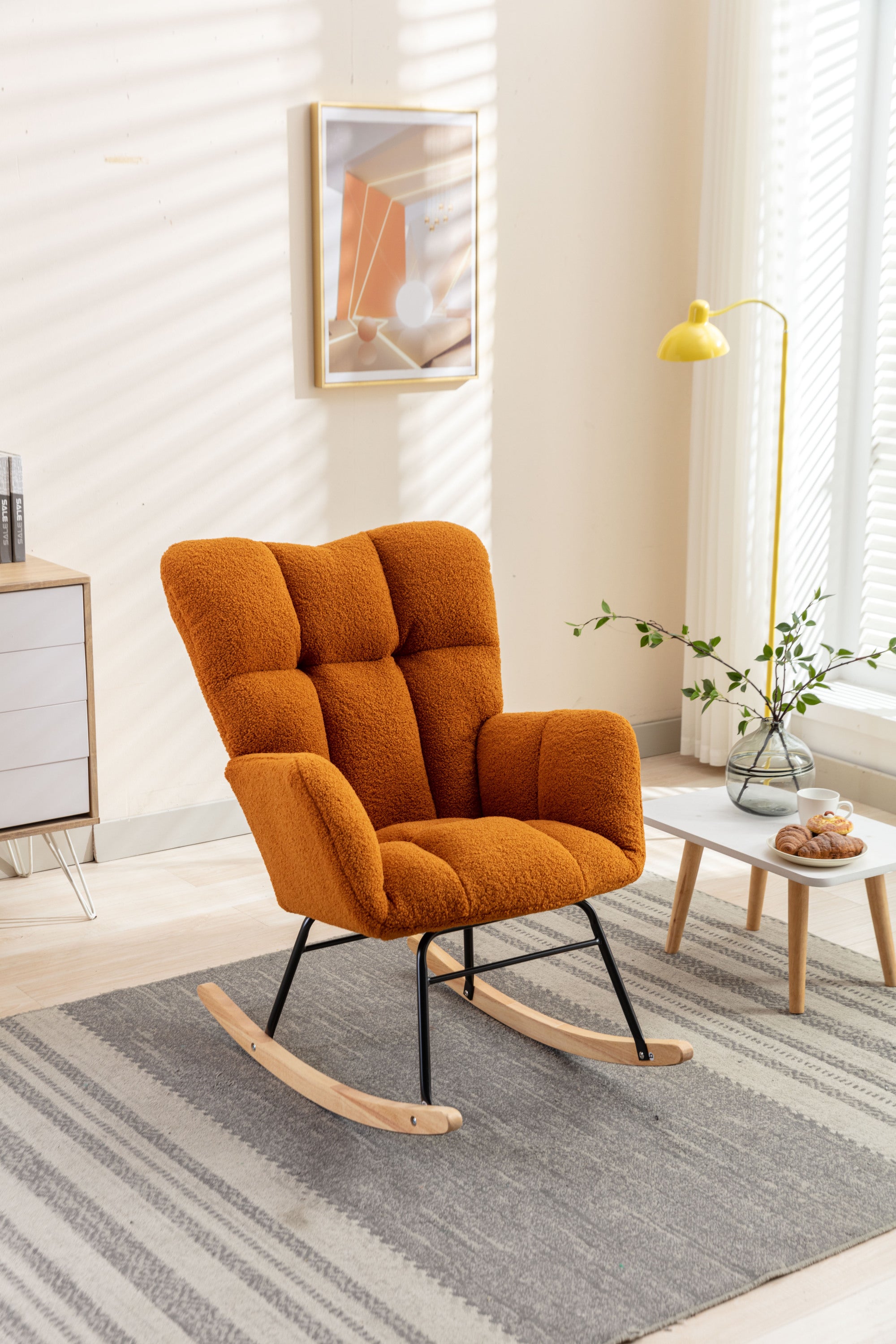 050-Teddy Fabric Rocking Gilder Nursery Chair For Living Room Indoor,Caramel - Grand Goldman Shop
