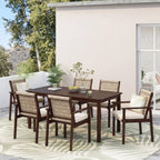7 Piece Outdoor Acacia Wood Dining Set With Cushions,Dark Brown