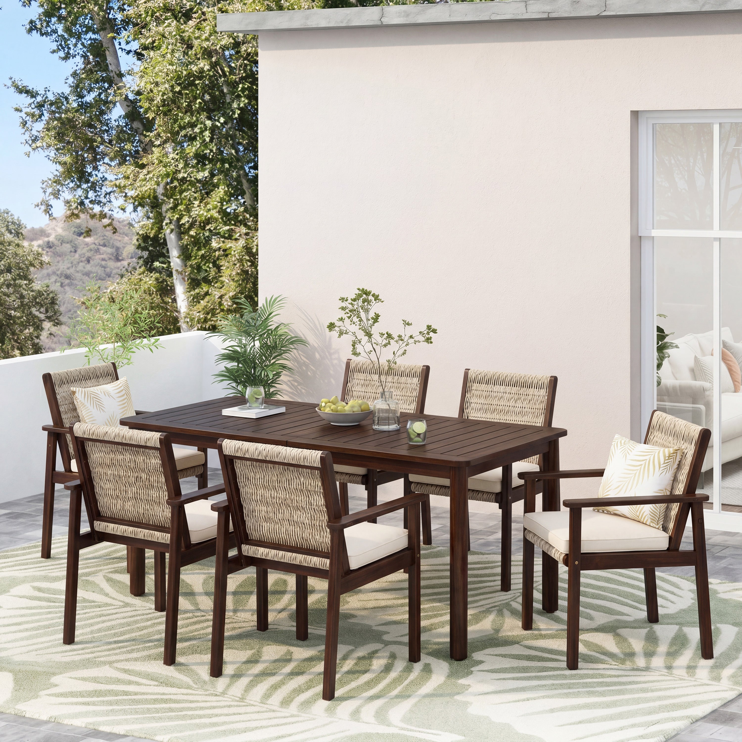 7 Piece Outdoor Acacia Wood Dining Set With Cushions,Dark Brown
