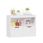 White Book Organizer with Large Drawers and Open Shelves, MDF Toy Storage Cabinet with Removable Wheels and Rounded Edges - G