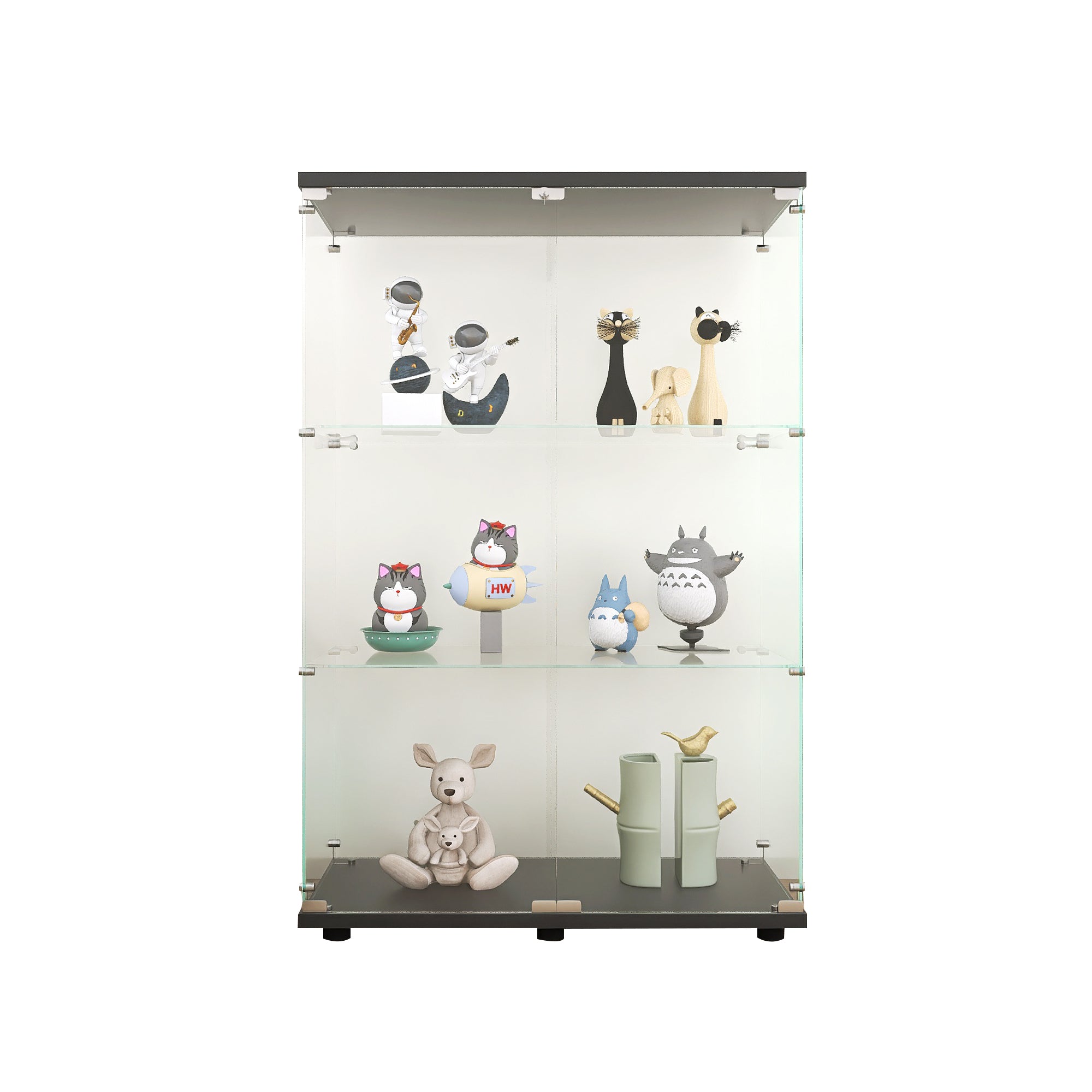 Two-door Glass Display Cabinet 3 Shelves with Door, Floor Standing Curio Bookshelf for Living Room Bedroom Office, 49.3'*31.7