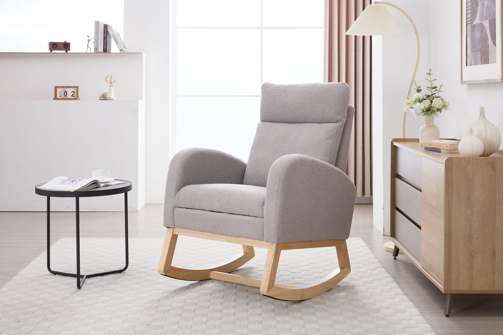 015B-Teddy Fabric Leisure Rocking Chair,Nursery Rocking Chair With Adjustable Footstool,Thickened Headrest And High Backrest, Storage Pocket On The Right Side,The Base Rocker Is Solid Wood,Light Gray - Grand Goldman Shop