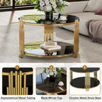 Modern Black Mirror Coffee Table, Asymmetrical Metal, Circular Metal Drum Base, Gold Finish & Lower Shelf - Grand Goldman Shop