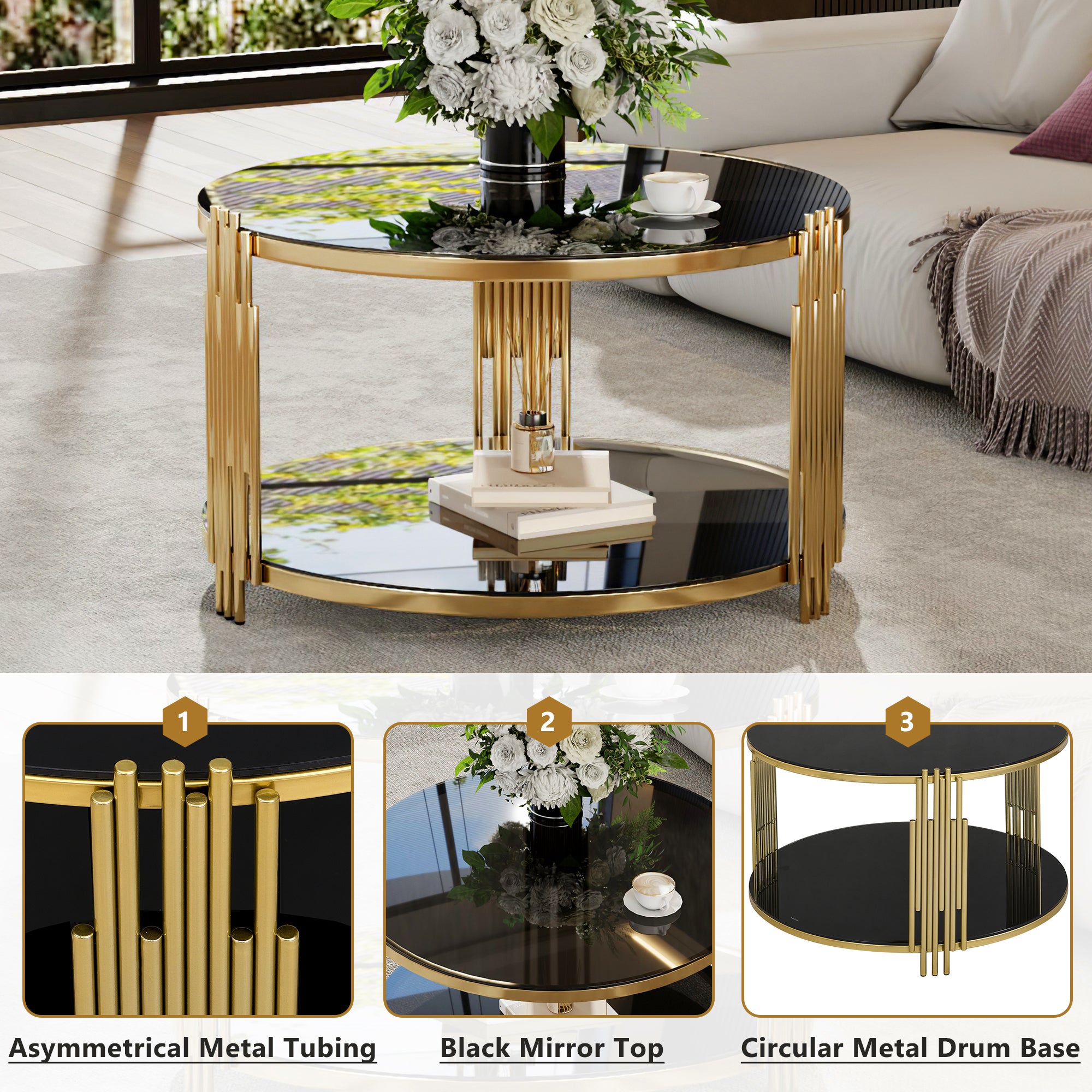 Modern Black Mirror Coffee Table, Asymmetrical Metal, Circular Metal Drum Base, Gold Finish & Lower Shelf - Grand Goldman Shop