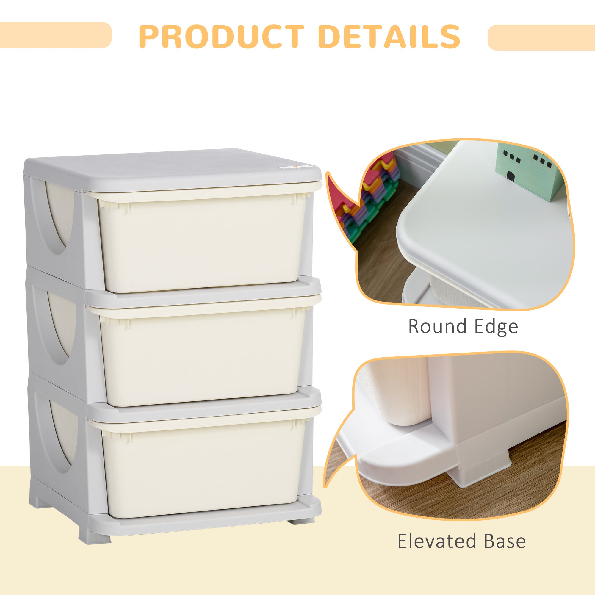 Qaba 3 Tier Kids Storage Unit, 3 Drawer Chest Toy Organizer Plastic Bins for Kids Bedroom Nursery Kindergarten Living Room fo