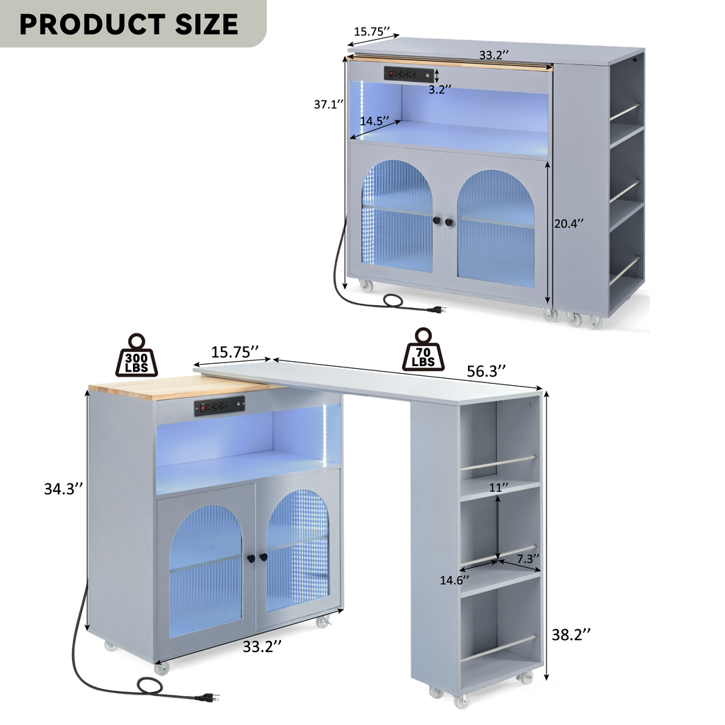 K&K Rolling Kitchen Island With Extended Table, Kitchen Island on Wheels with LED Lights,Power Outlets and 2 Fluted Glass Doors, Kitchen Island with a Storage Compartment and Side 3 Open Shelves, Grey - Grand Goldman Shop