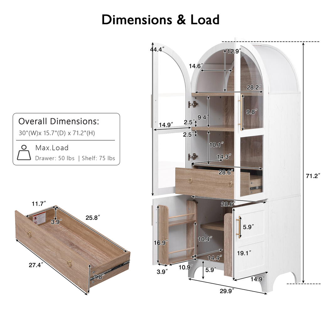 K&K 71' Tall Arched Kitchen Pantry Cabinet with Door Shelves, Farmhouse Kitchen Storage Cabinet with Open & Adjustable Shelves, Hidden Drawer & Glass Door, Cupboard for Kitchen, Dining Room, White - Grand Goldman Shop