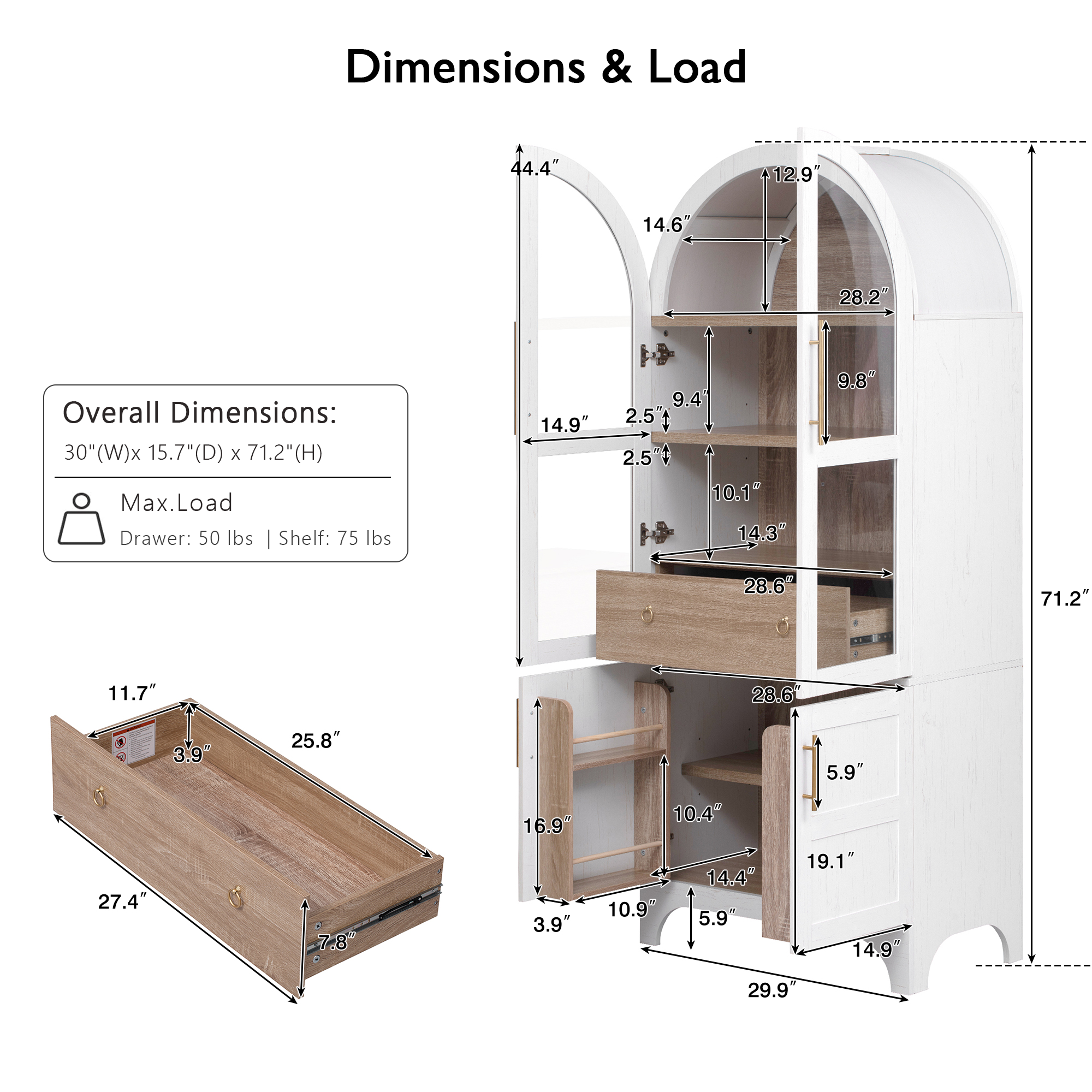 K&K 71' Tall Arched Kitchen Pantry Cabinet with Door Shelves, Farmhouse Kitchen Storage Cabinet with Open & Adjustable Shelves, Hidden Drawer & Glass Door, Cupboard for Kitchen, Dining Room, White - Grand Goldman Shop
