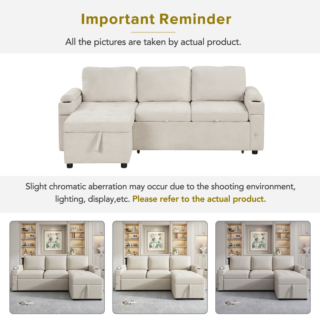 Convertible L-shaped Beige Sofa Couch with Storage, Cup Holders, USB Ports, Chenille Fabric - Grand Goldman Shop