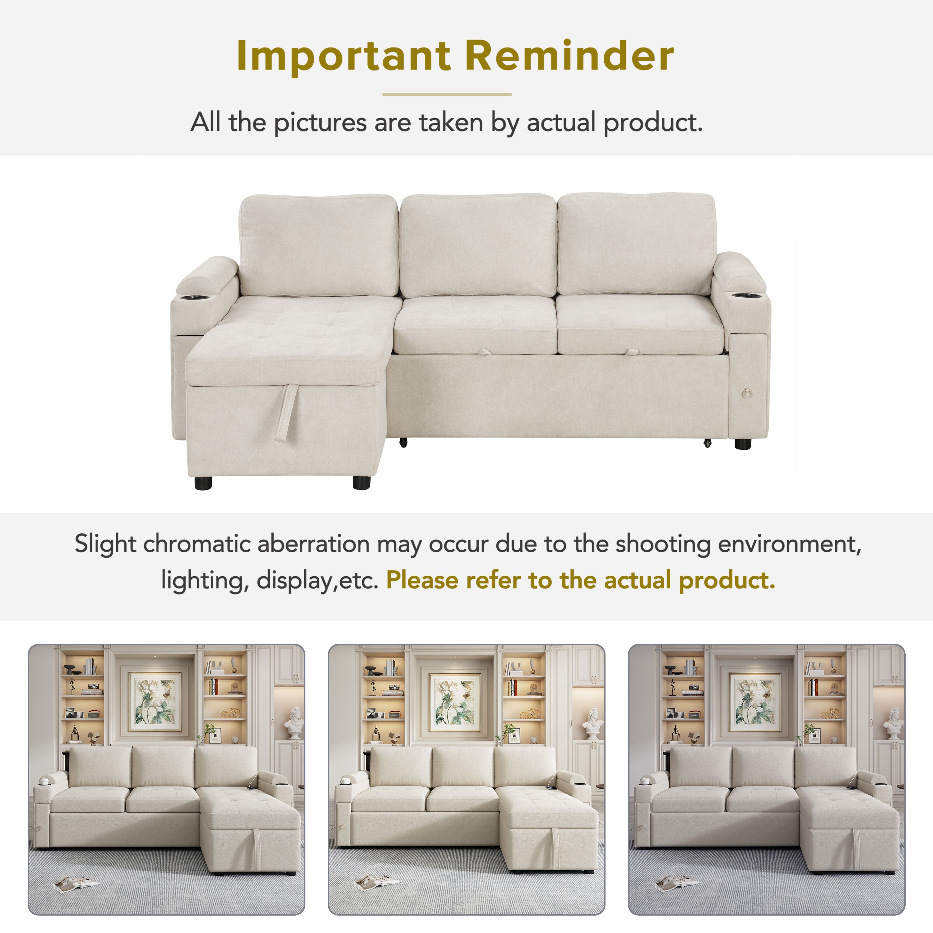 Convertible L-shaped Beige Sofa Couch with Storage, Cup Holders, USB Ports, Chenille Fabric - Grand Goldman Shop