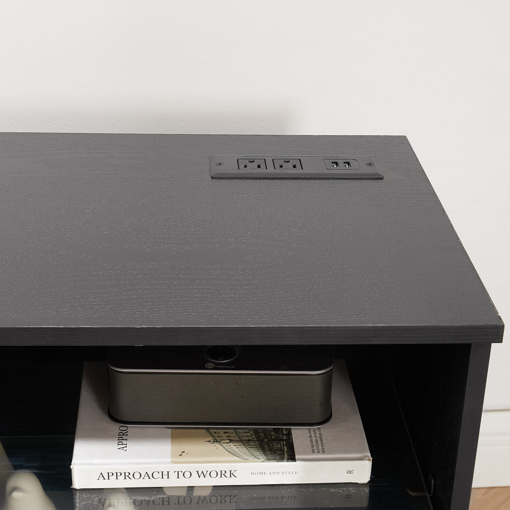 TV Stand Electric Fireplace TV Stand with Glass Shelves, 3D Fireplace TV Stand with LED Lights Wood with USB Charging Outlet Modern Television Table Center for TV up to 32-62' Black 58''W*15.4''D*24.6 - Grand Goldman Shop