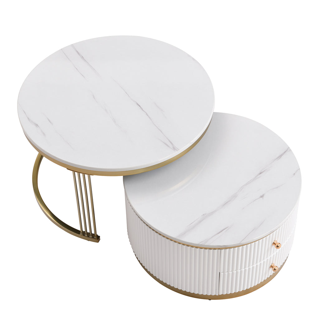 Modern 2 Pieces White Round Nesting  Coffee Table with Drawers in 27.6'' - Grand Goldman Shop