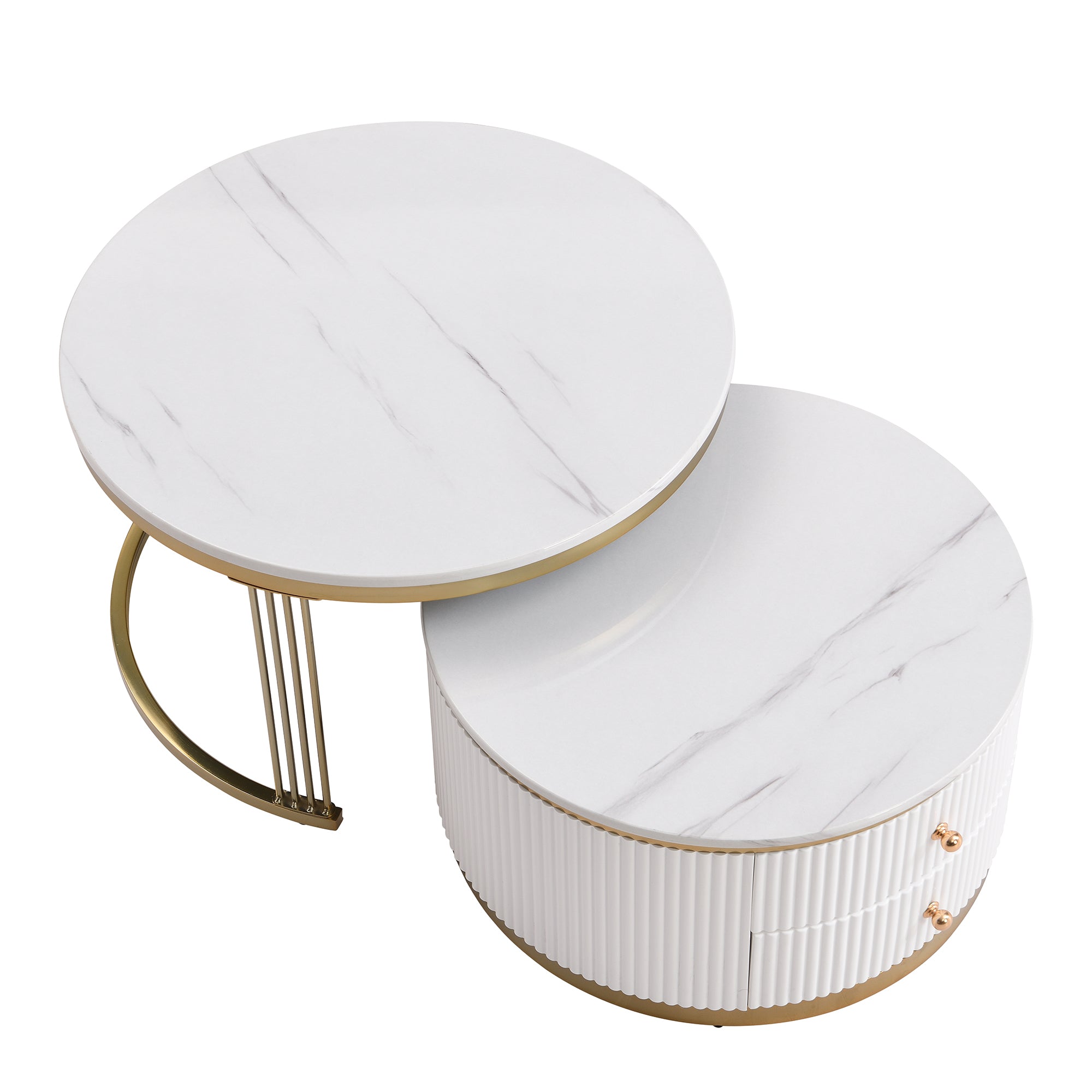 Modern 2 Pieces White Round Nesting  Coffee Table with Drawers in 27.6'' - Grand Goldman Shop