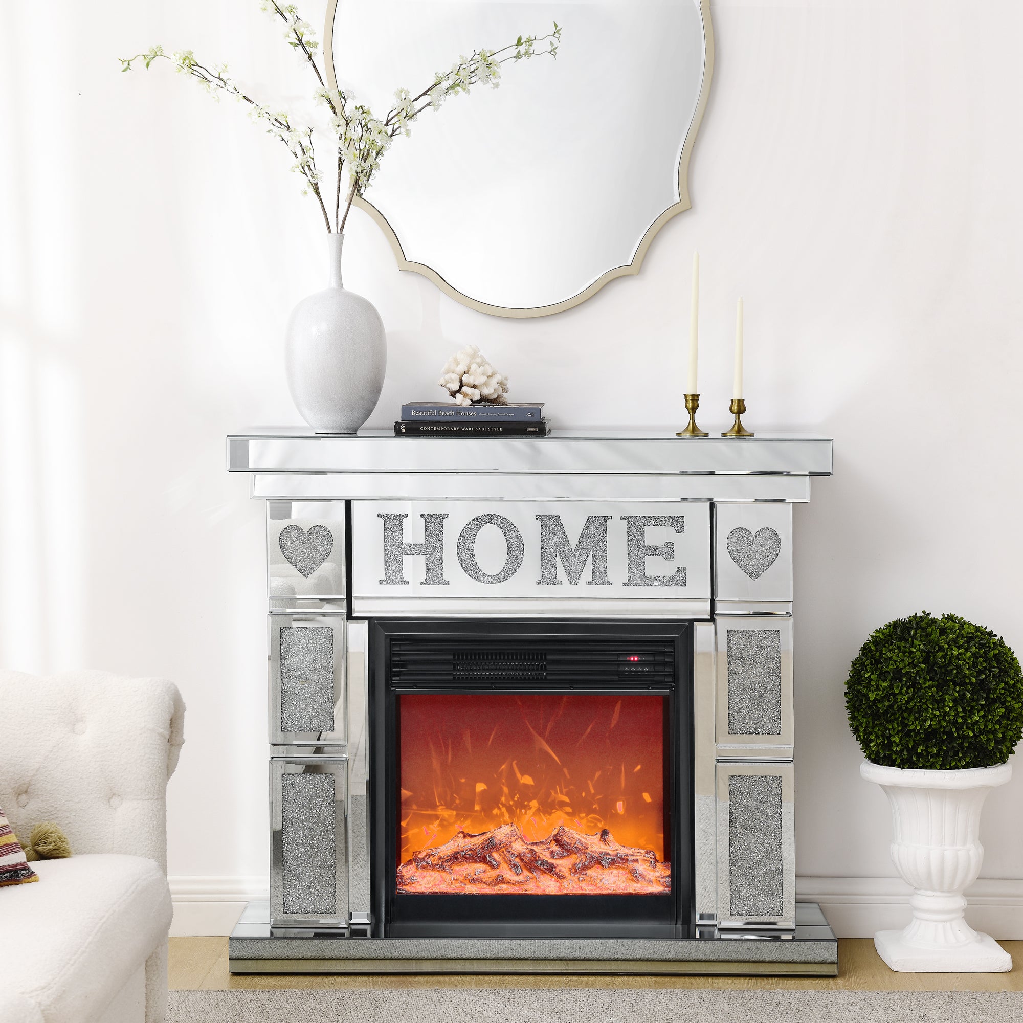 W 46' X D 12.6 X H 41 ' Acrylic diamond mirror fireplace cabinet, TV fireplace cabinet - Grand Goldman Shop