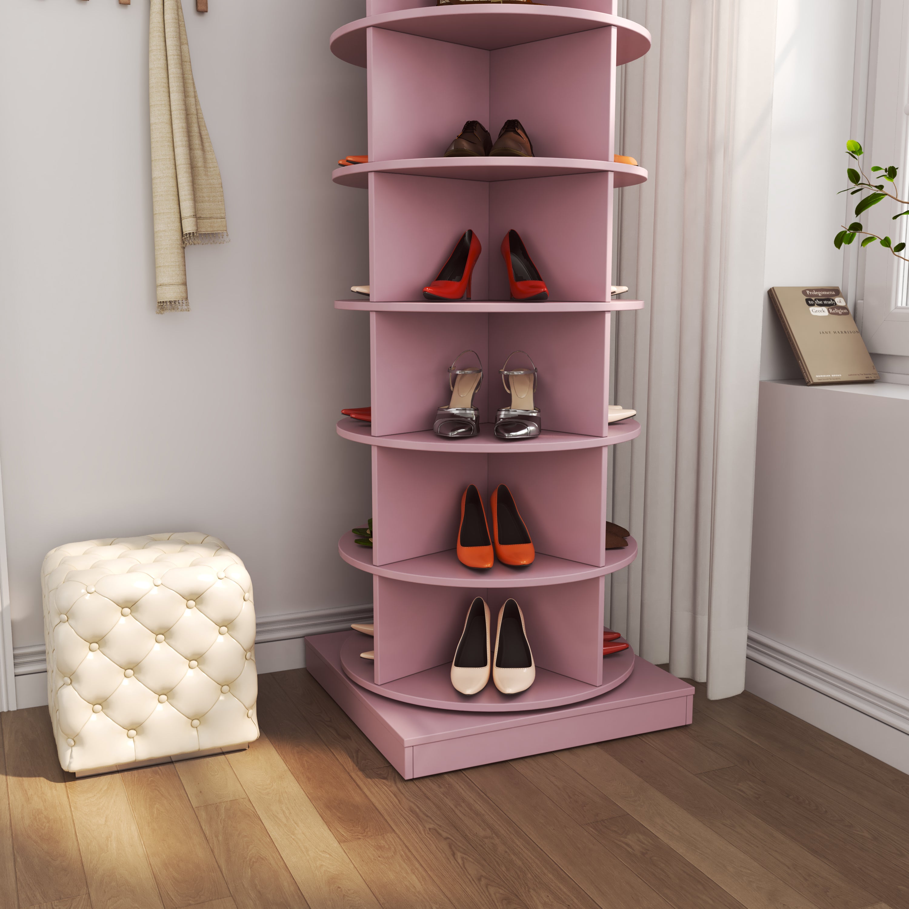 Modern Pink 360 Rotating Shoe Cabinet with 6 Layers for Space-Saving Organization, Plywood, Large Capacity - Grand Goldman Shop