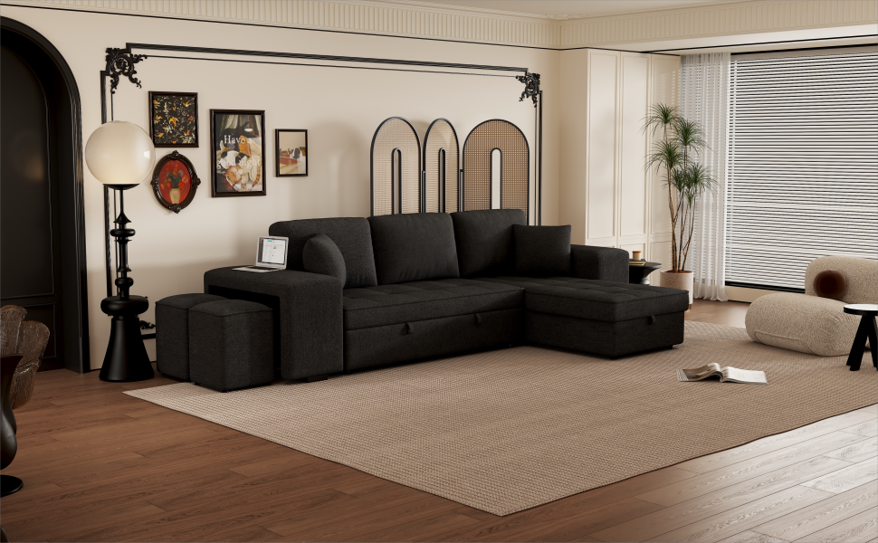 Modern L-Shape 3 Seat Reversible Sectional Couch with Pull Out Sleeper Sofa, Storage Chaise, 2 Stools, Charcoal Grey, Linen Chenille - Grand Goldman Shop