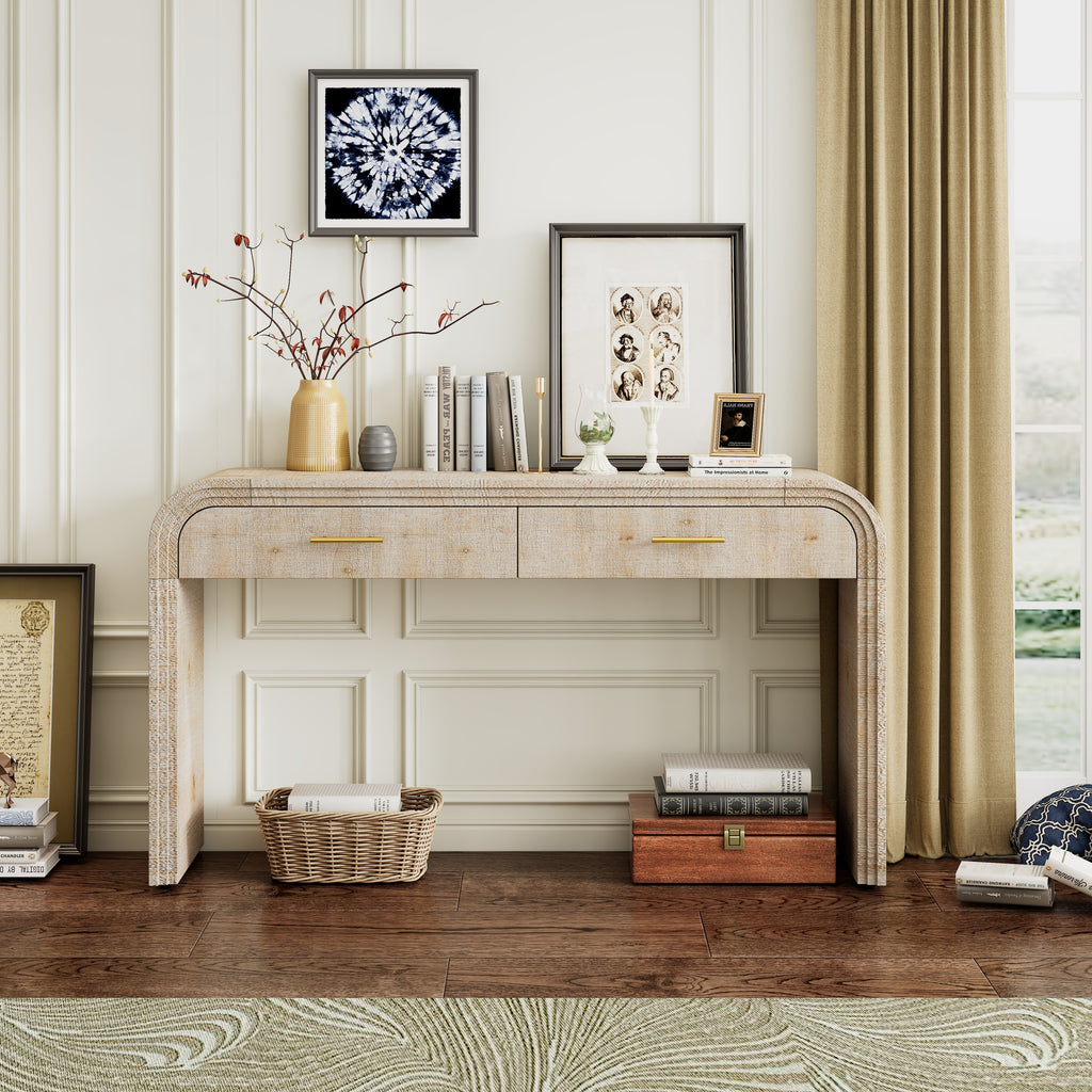 TREXM Unique Retro Silhouette Console Table with Open Style, Two Top Drawers for Entrance, Dinning Room, Living Room (Natural Wood Wash) - Grand Goldman Shop