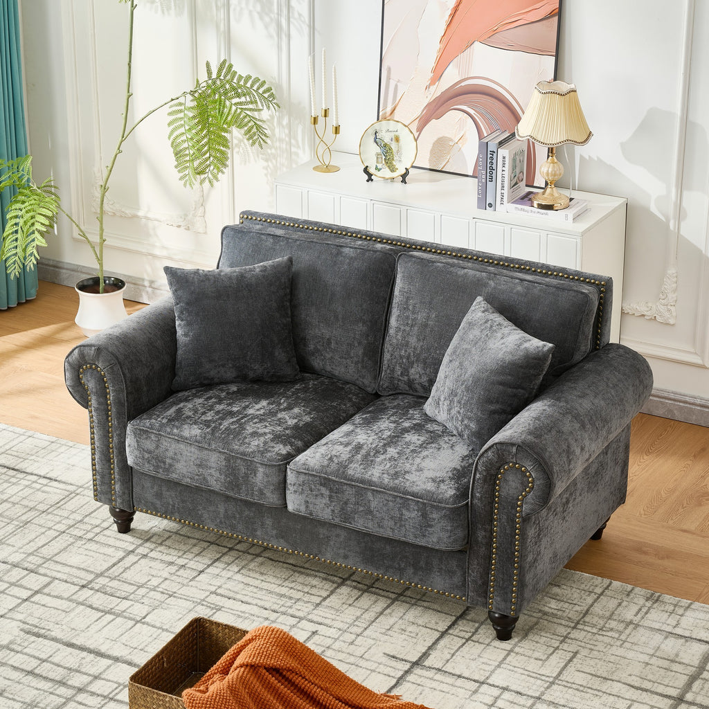 Modern 2-Seater Sofa with Rolled Arms, Tufted Upholstered Couch in Gray Fabric, 63 Inches - Grand Goldman Shop