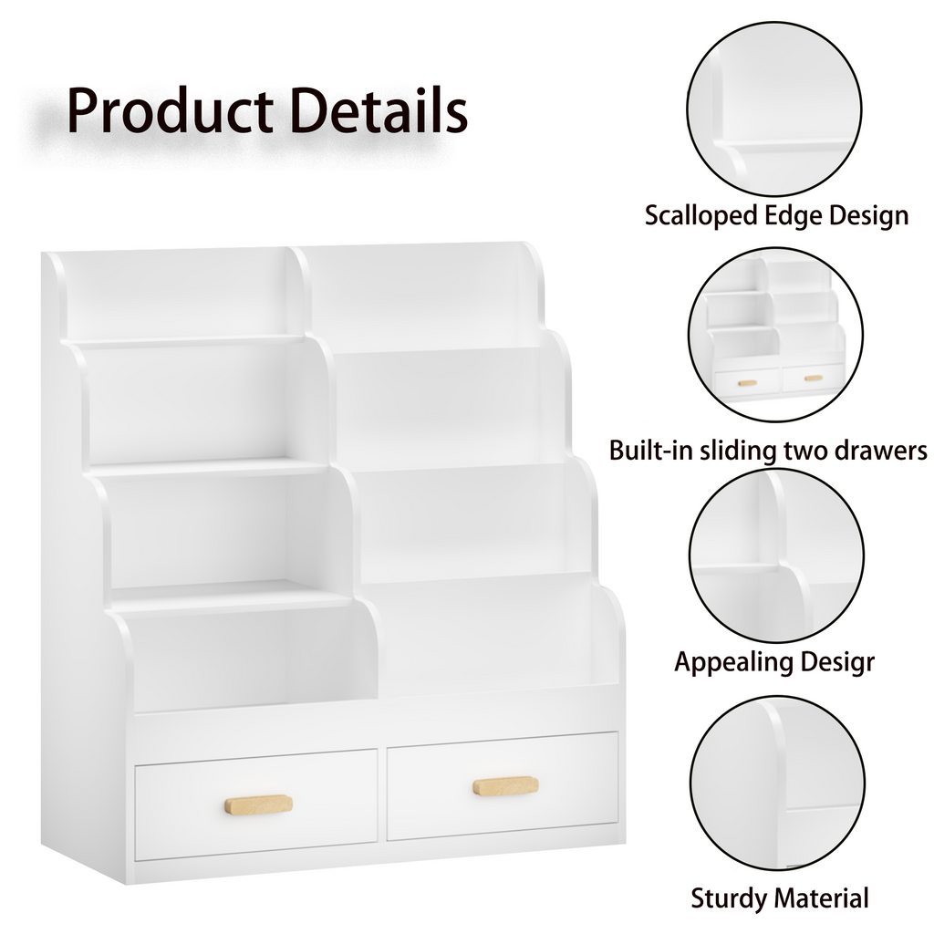 Kids Bookshelf with 2 Storage Drawers, Front-Facing Children's Bookcase and Toy Organizer, Multi-Tier Reading Shelf for Toddl