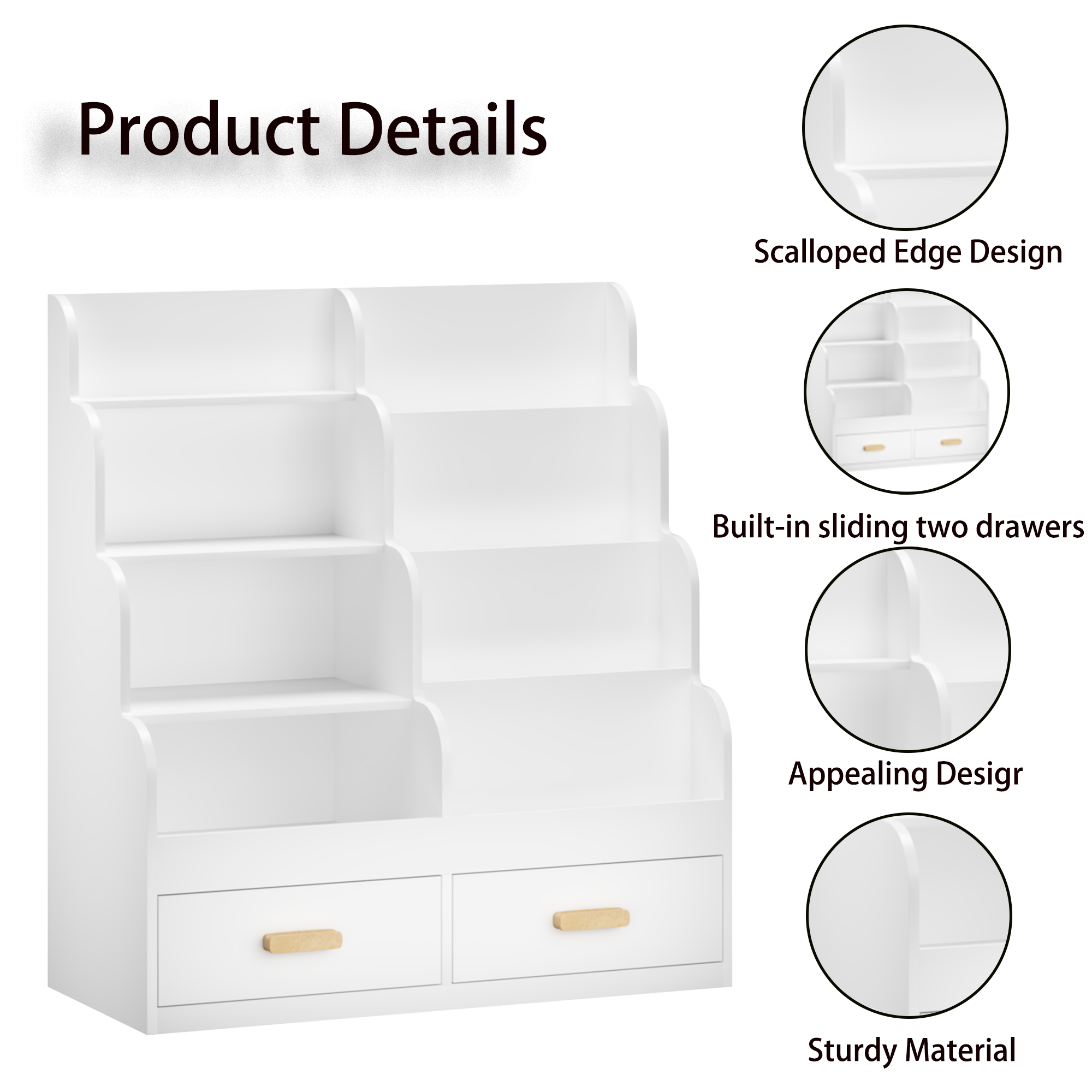 Kids Bookshelf with 2 Storage Drawers, Front-Facing Children's Bookcase and Toy Organizer, Multi-Tier Reading Shelf for Toddl