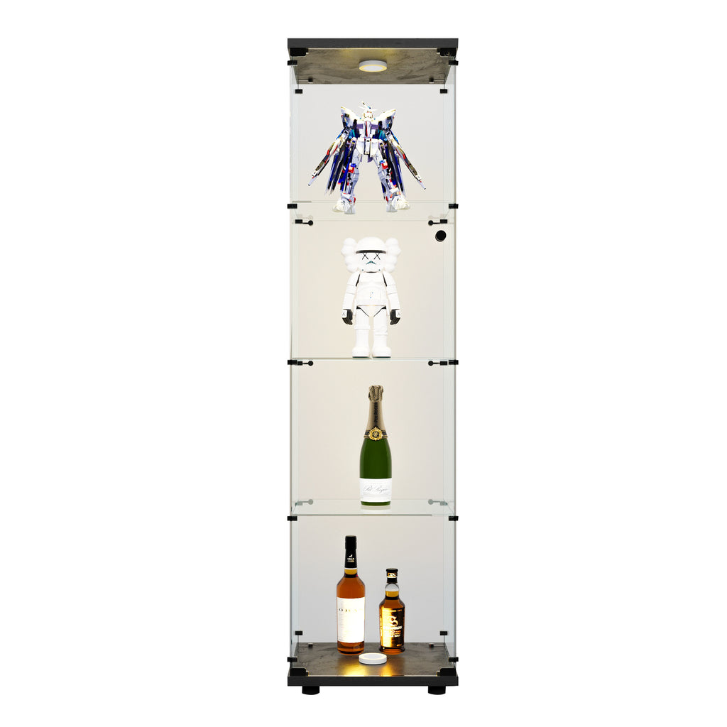 LED lights  Glass Display Cabinet 4 Shelves with Door, Floor Standing Curio Bookshelf for Living Room Bedroom Office, 64.7'*1