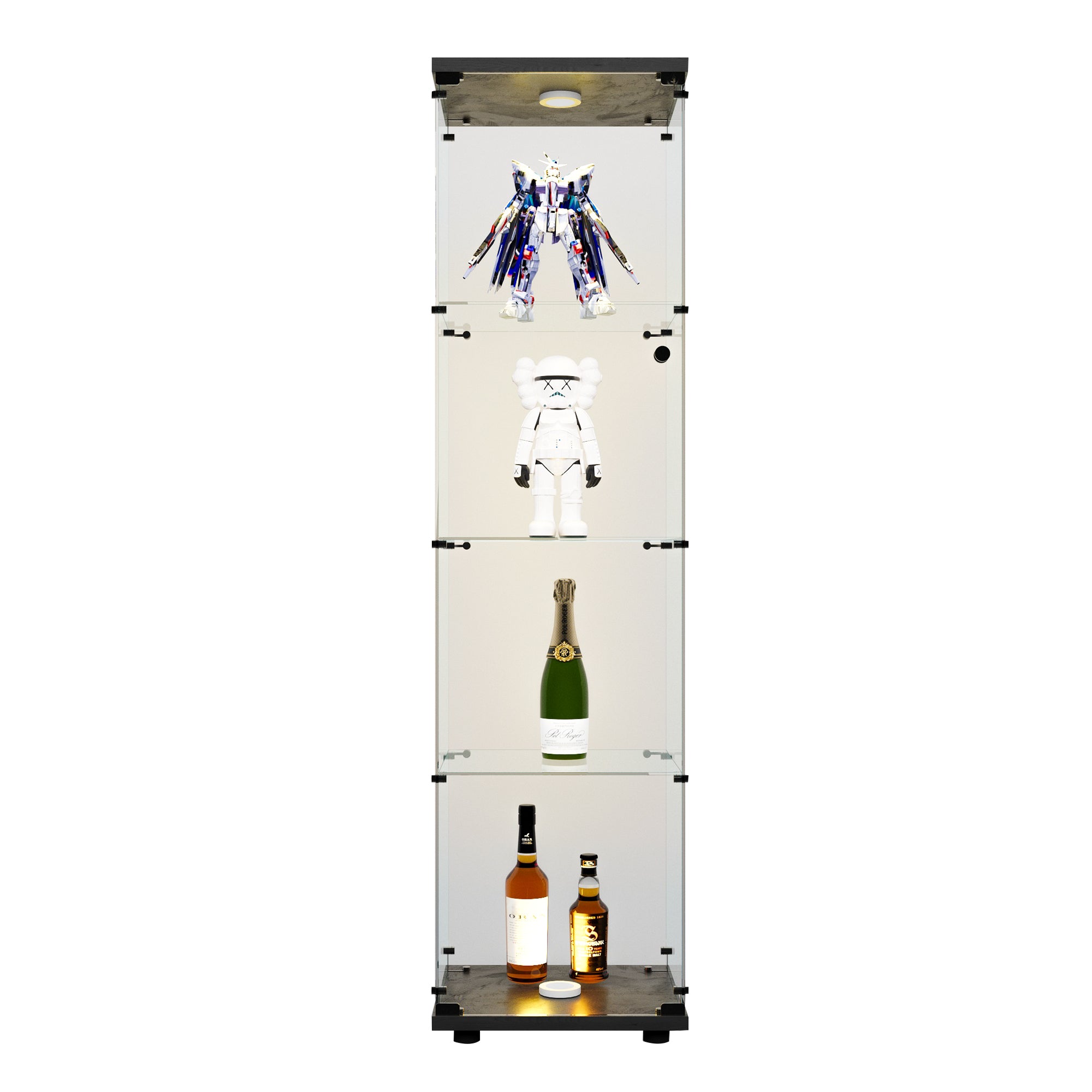 LED lights  Glass Display Cabinet 4 Shelves with Door, Floor Standing Curio Bookshelf for Living Room Bedroom Office, 64.7'*1