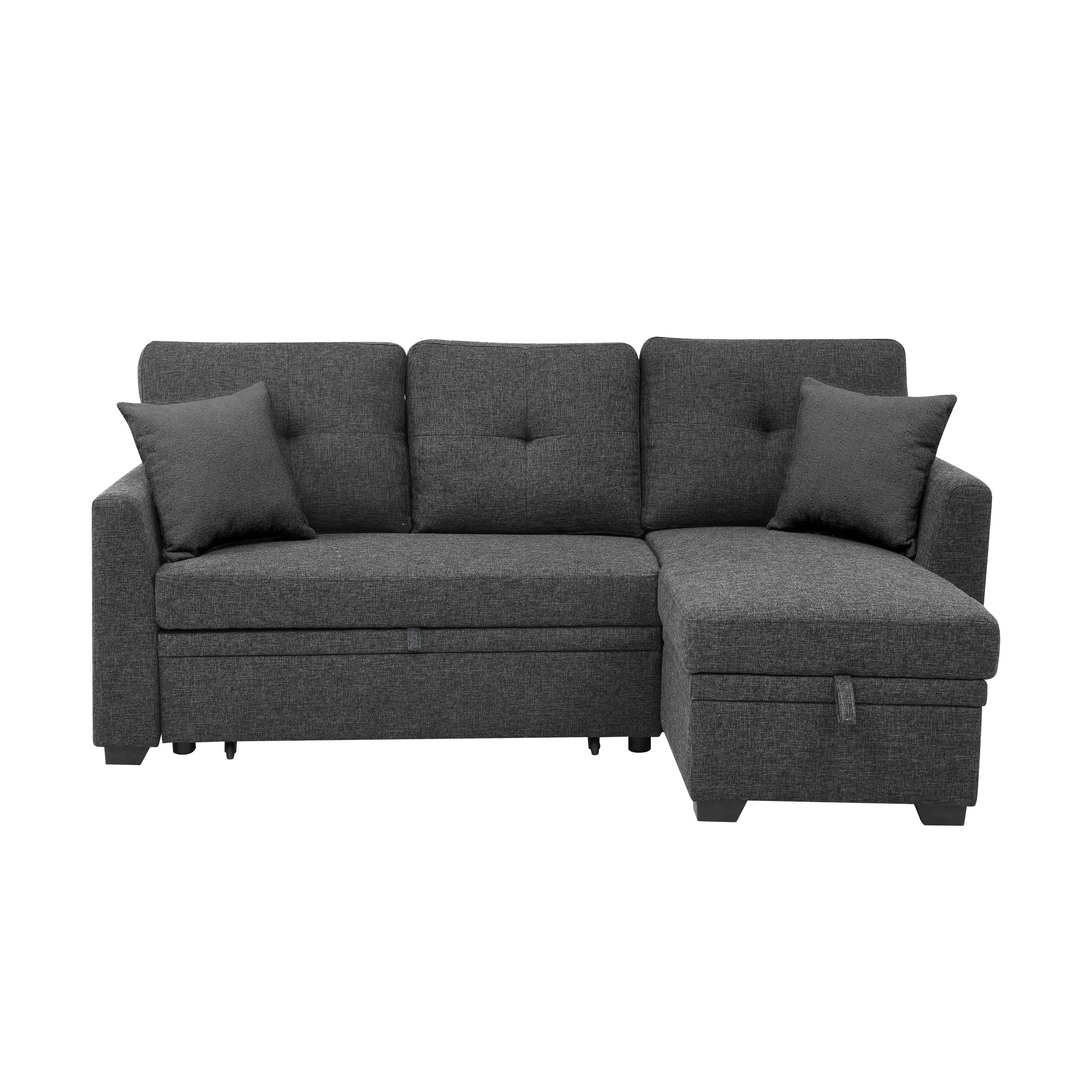 76.5' Linen Blend Upholstered Sectional with Pull-Out Bed and Chaise Storage - Grand Goldman Shop