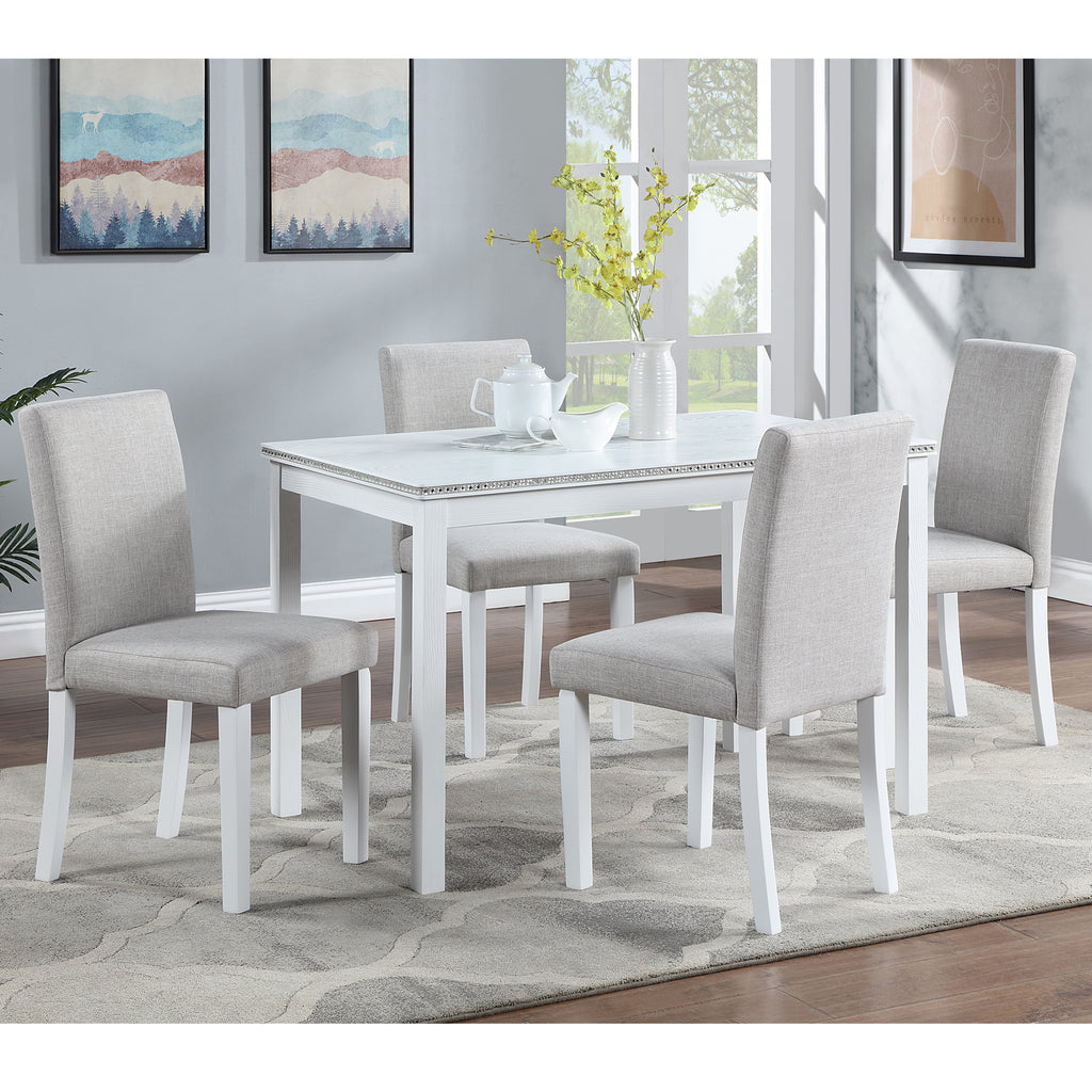 5-Piece Wooden Dining Table Set with Rectangular Table and 4 Upholstered Chairs – White Dining Room Set with Crystal Decoration for Kitchen or Dining Room - Grand Goldman Shop