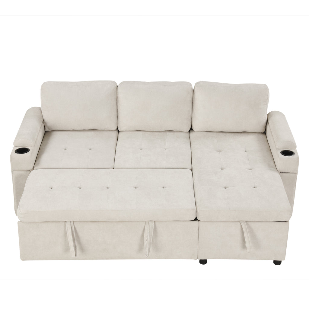Convertible L-shaped Beige Sofa Couch with Storage, Cup Holders, USB Ports, Chenille Fabric - Grand Goldman Shop