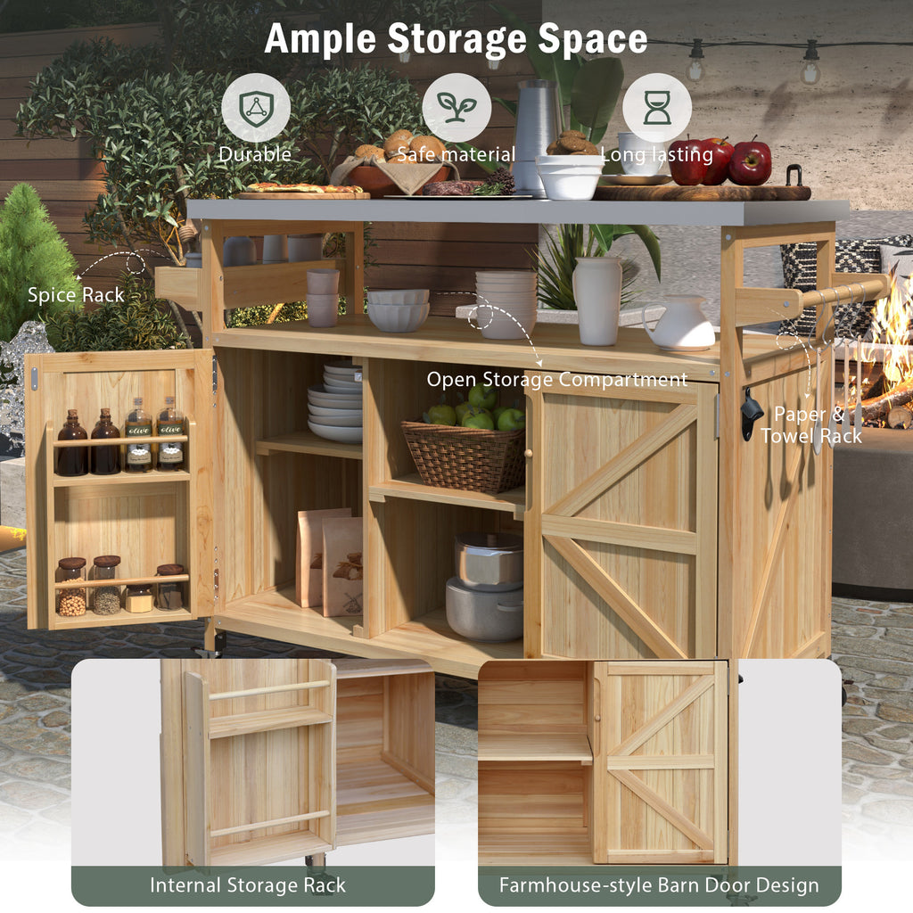 K&K Outdoor Kitchen Island, Rolling Bar Cart & Storage Cabinet, Farmhouse Solid Wood Outdoor Grill Table with Stainless Steel Top, Spice Rack , Towel Rack for Kitchen & BBQ , Natural - Grand Goldman Shop