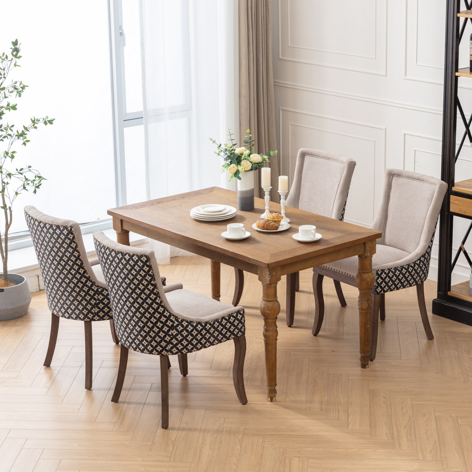 A&A Furniture, Ultra Side Dining Chair, Thickened fabric chairs with neutrally toned solid wood legs, Bronze nail head, Set of 2, Beige and Patterned,SW2207BG - Grand Goldman Shop