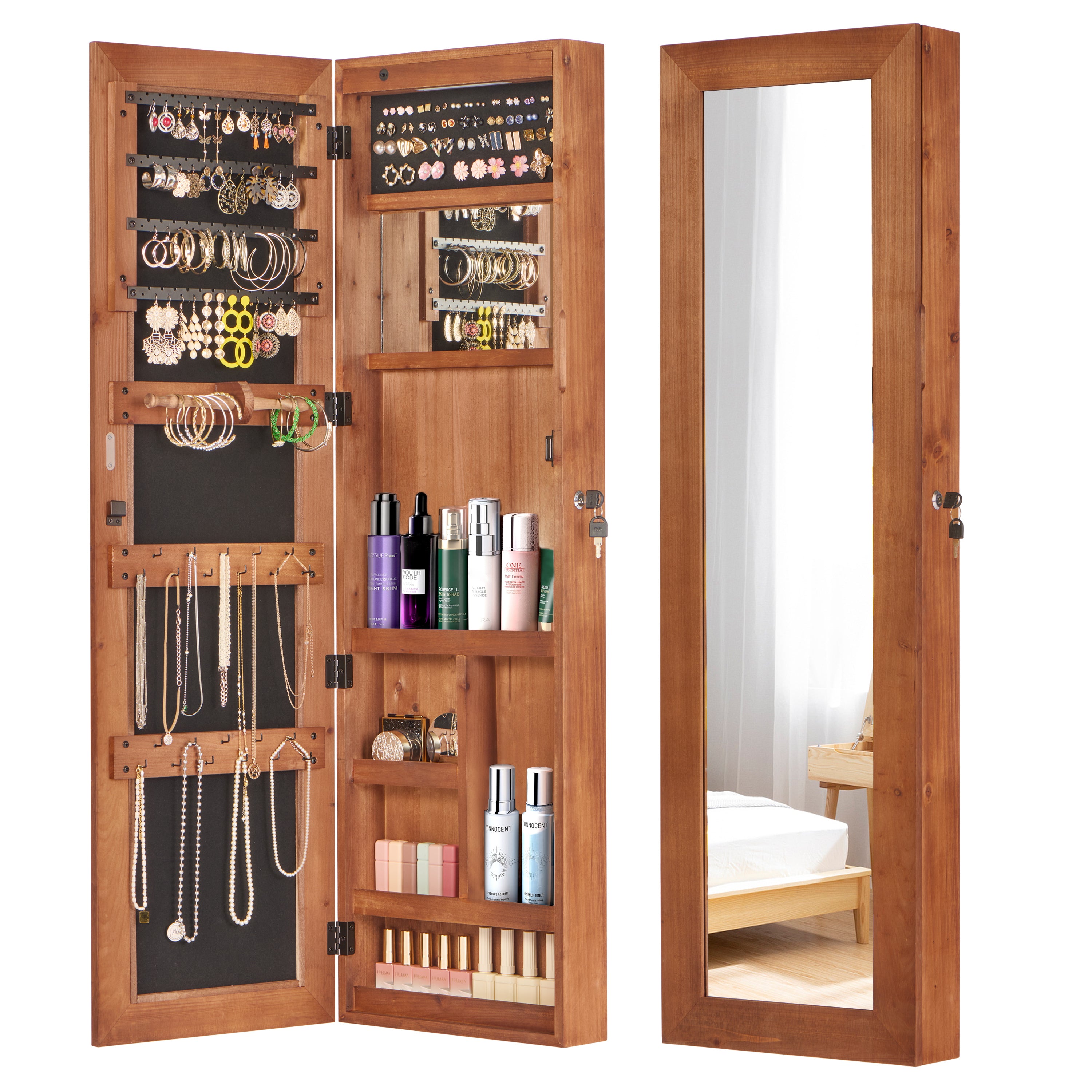 Solid Wood Jewelry Armoire Organizer Cabinet with Full-Length Mirror, Brown, Wall-Mounted Lockable with LED Light, 47.5x14.3 in - Grand Goldman Shop