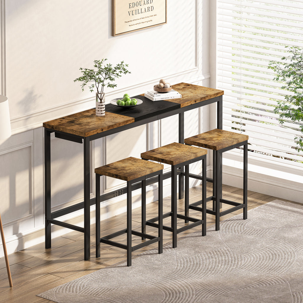 Modern Design Kitchen Dining Table, Pub Table, Long Dining Table Set with 3 Stools, Convenient Hanging Stool Design, Natural+Black,(Same SKU:W757P146463) - Grand Goldman Shop