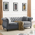Grey Velvet 3-Seater Chesterfield Sofa with Rolled Arms and Nailhead Trim, Tufted Couch for Living Room, Bedroom, Office, Apartment, Includes Two Pillows - Grand Goldman Shop