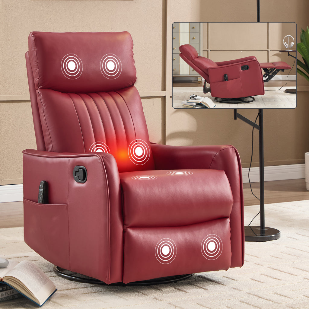 Red Faux Leather Heat Massage Manual Recliner Chair with Rocker and Swivel for Living Room - Grand Goldman Shop