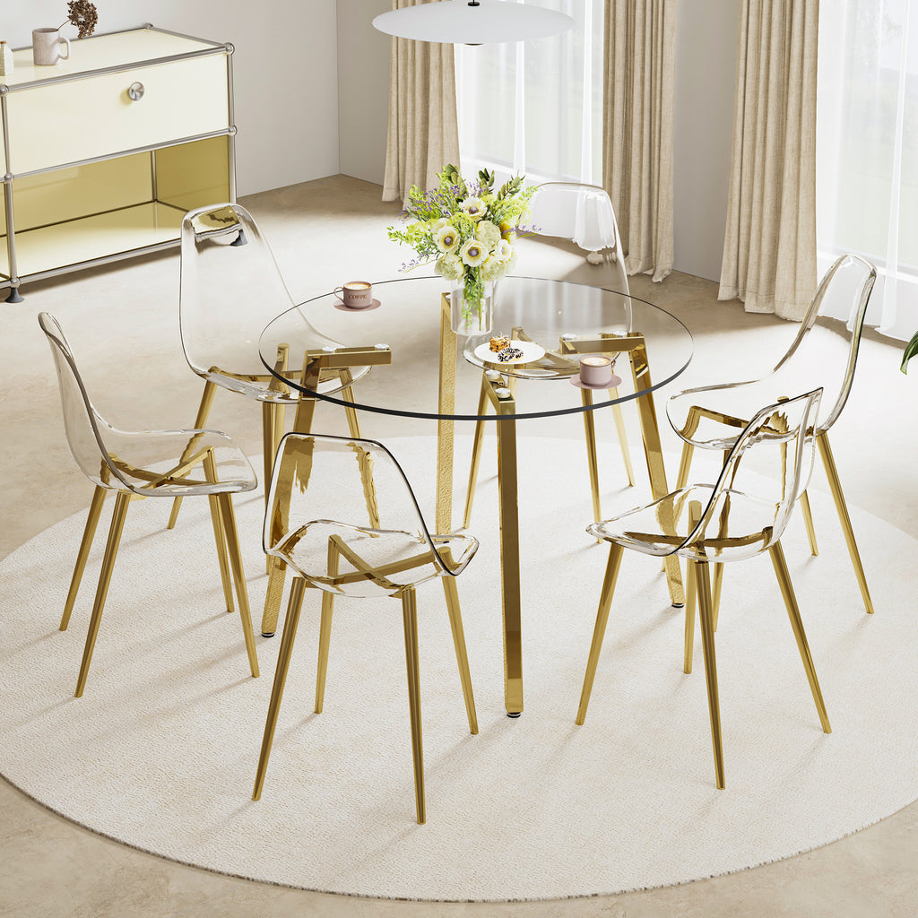 Modern minimalist style circular transparent tempered glass table, tempered glass tabletop, golden metal legs, suitable for kitchen, dining room, and living room, 42 '* 42' * 29.5 '1123r - Grand Goldman Shop