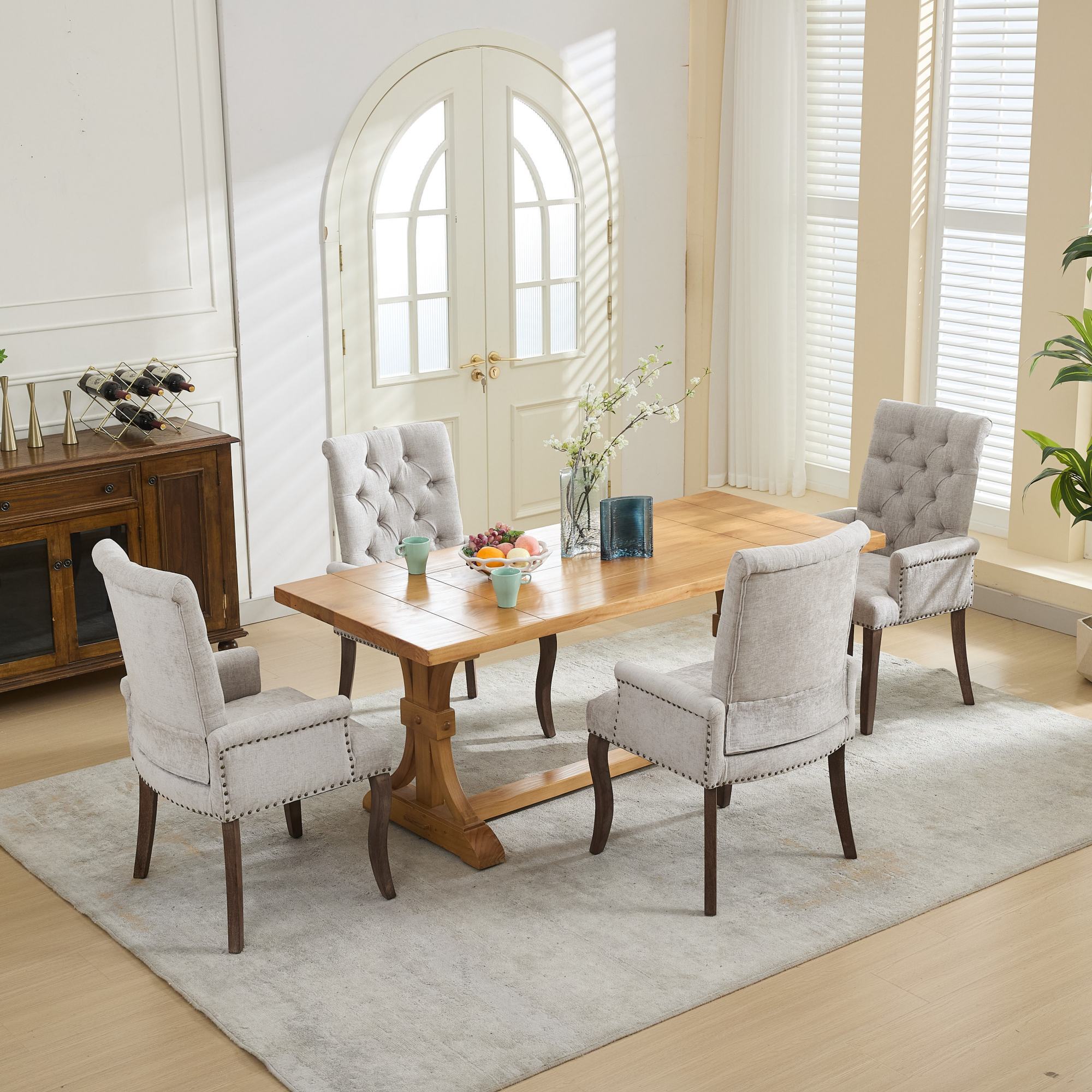 Upholstered Chenille Fabric Accent Dining Chair, Curved Solid Wood Legs, Elegant Tufted Club Dining Room Kitchen Room Arm Dining Chair, Single Pack,Beige,SW1895BG - Grand Goldman Shop