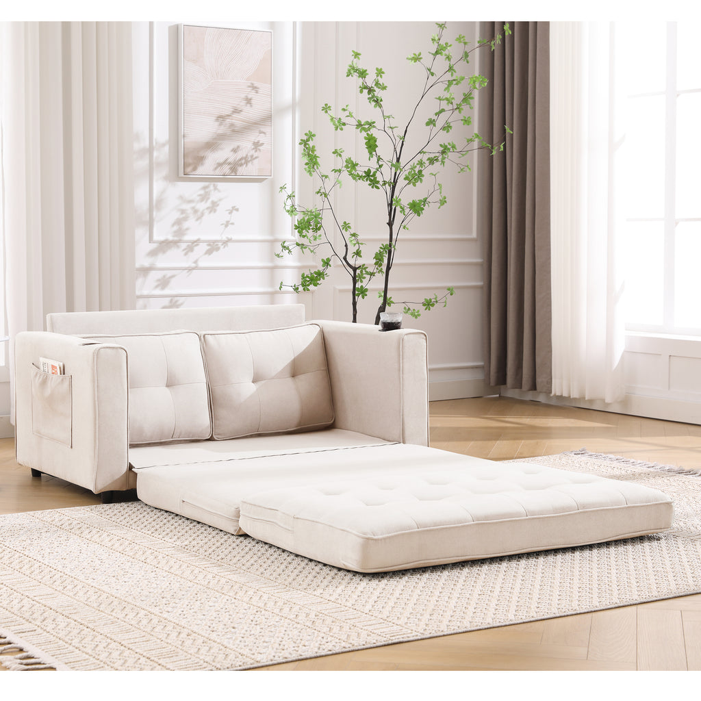 {VIDEO Provided}3-in-1 Upholstered Futon Sofa Convertible Sofa bed,Foldable Tufted Loveseat with Pull Out Sleeper Couch Bed,Folding Mattres Love Seat Daybed W/Side Pockets and Cup Holder, Beige - Grand Goldman Shop