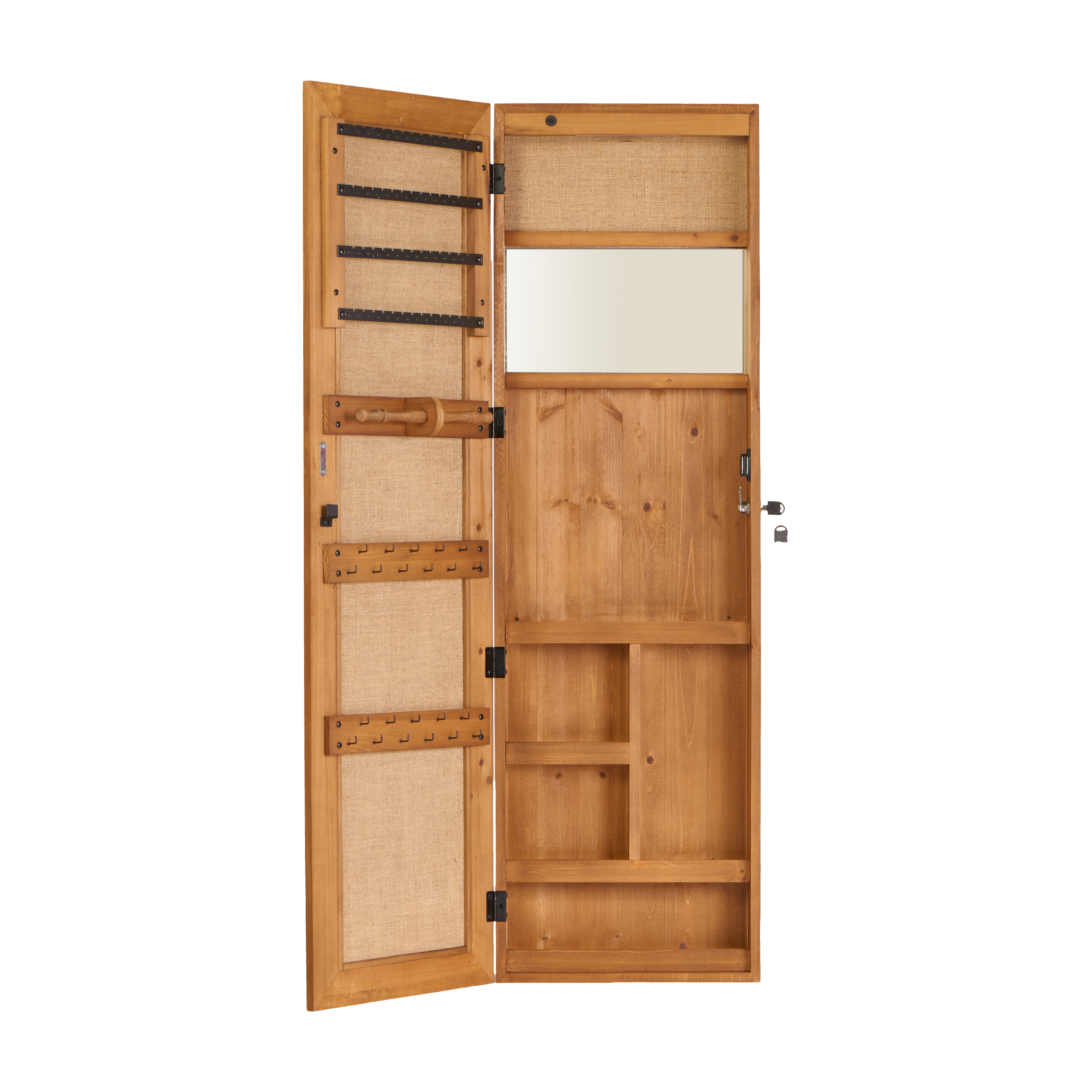 Solid Wood Jewelry Armoire Organizer Cabinet with Full-Length Mirror, Light Brown, 47.5x14.3 in Wall-Mounted Lockable with LED Light - Grand Goldman Shop