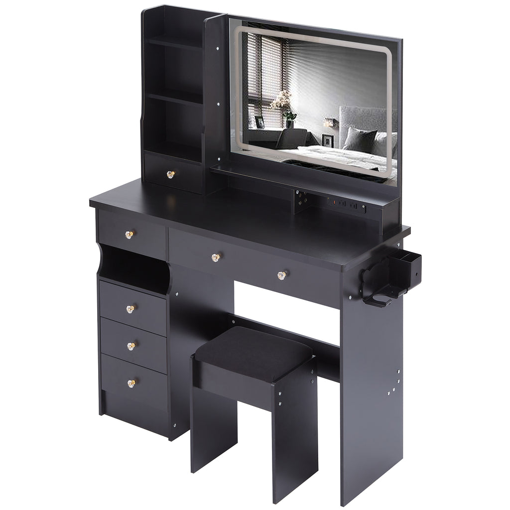 41' Large Size Left Drawer Desktop Vanity Table+Cushioned Stool Dresser Set, 2 AC+2 USB Power Station, Hair Dryer Stand, Extra Large Touch Control LED Mirror, 3-color Switch, EPA, GCC, UL Certificate - Grand Goldman Shop