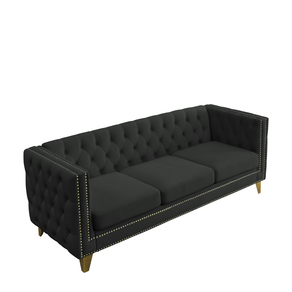 Modern Black Velvet Sofa with Button Tufting and Metal Legs, 3-Seater Couch for Living Room or Bedroom, Upholstered in Soft Velvet with Solid Wood Frame - Grand Goldman Shop