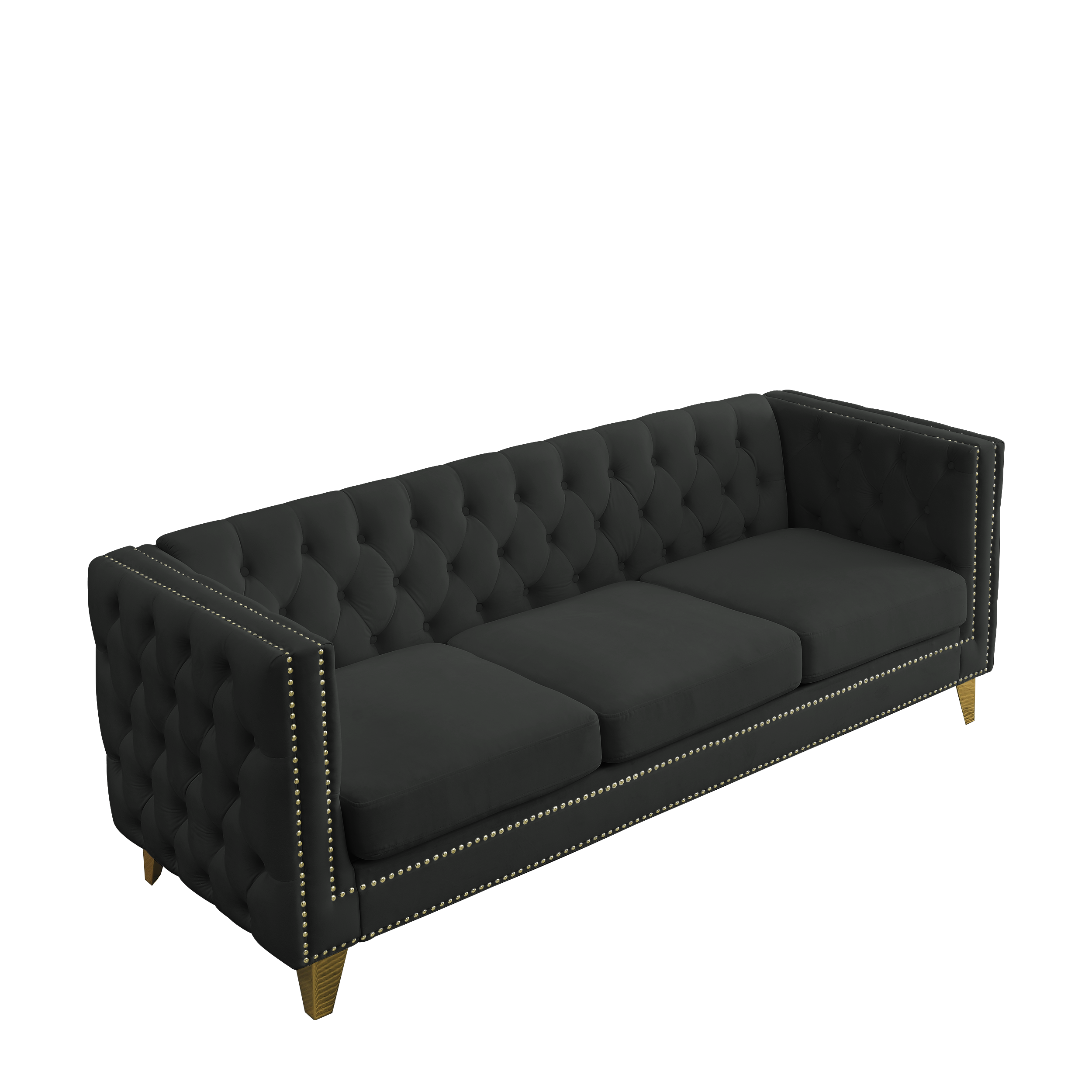 Modern Black Velvet Sofa with Button Tufting and Metal Legs, 3-Seater Couch for Living Room or Bedroom, Upholstered in Soft Velvet with Solid Wood Frame - Grand Goldman Shop