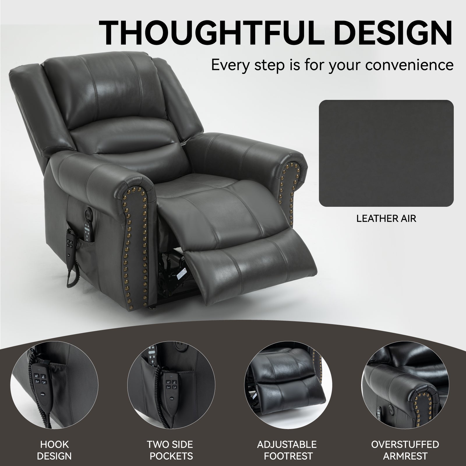 Power Lift Recliner Chair Heat Massage Dual Motor Infinite Position Up to 350 LBS, Faux Leather, Heavy Duty Motion Mechanism with USB Ports, Grey - Grand Goldman Shop