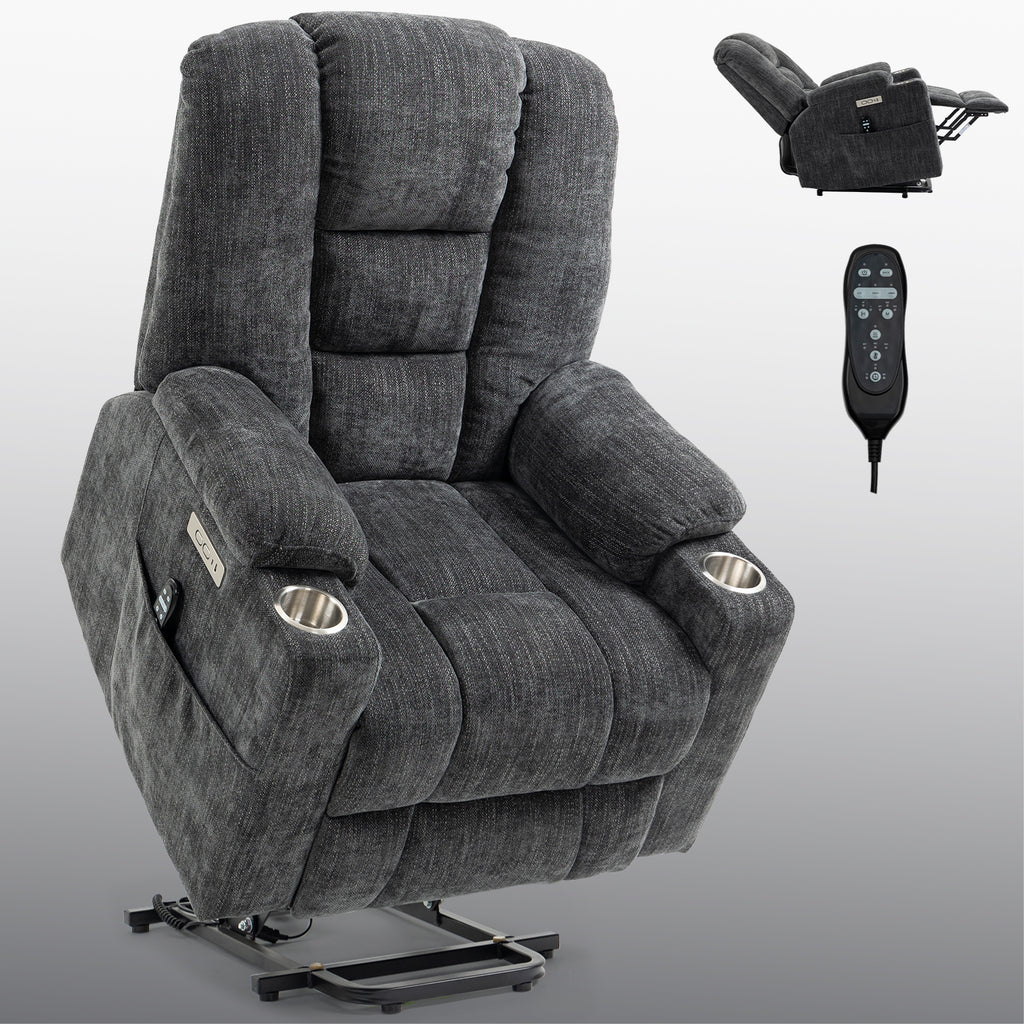 EMON'S Large Power Lift Recliner Chair with Massage and Heat for Elderly, Overstuffed Wide Recliners, Heavy Duty Motion Mechanism with USB and Type C Ports, 2 Steel Cup Holders, Gray - Grand Goldman Shop