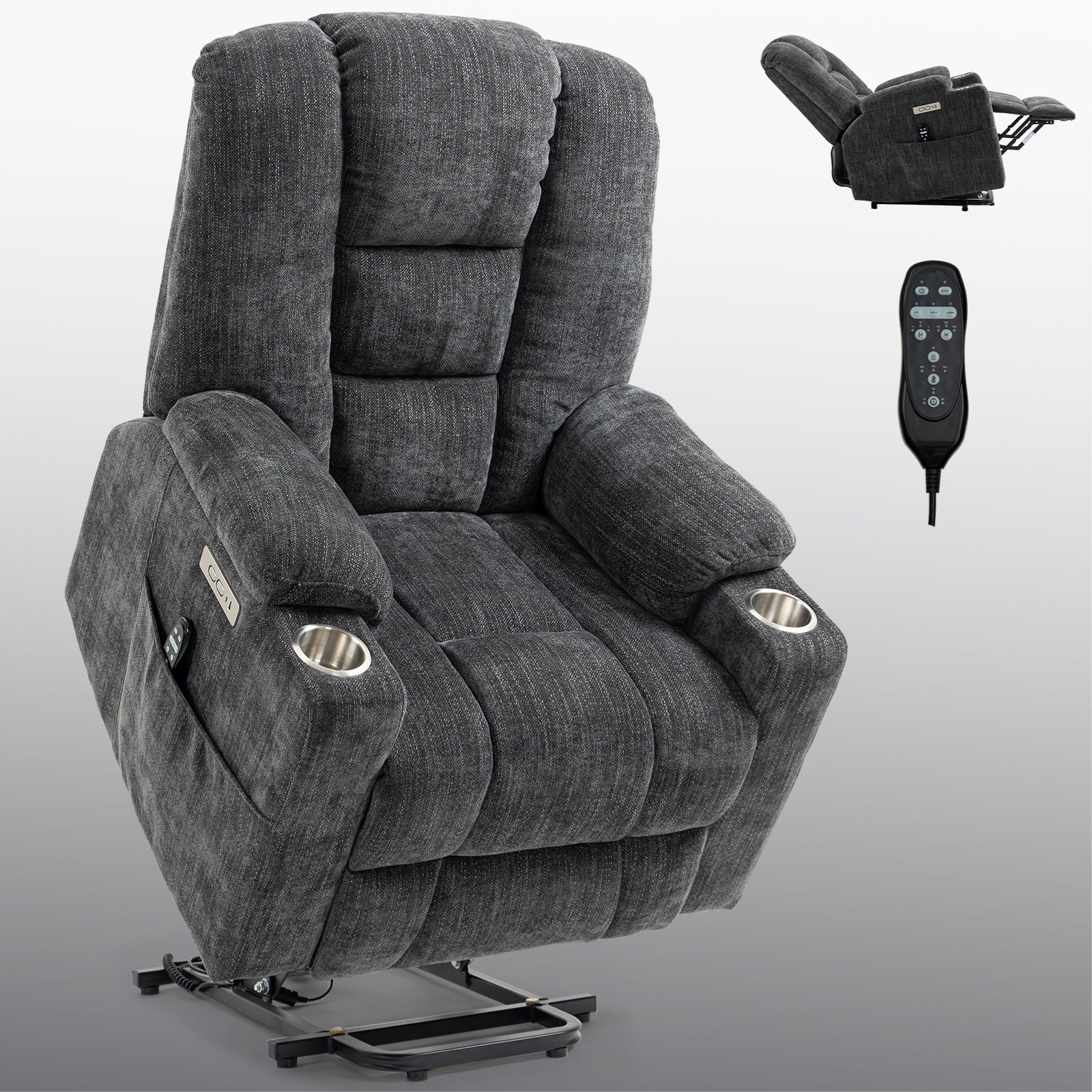 EMON'S Large Power Lift Recliner Chair with Massage and Heat for Elderly, Overstuffed Wide Recliners, Heavy Duty Motion Mechanism with USB and Type C Ports, 2 Steel Cup Holders, Gray - Grand Goldman Shop