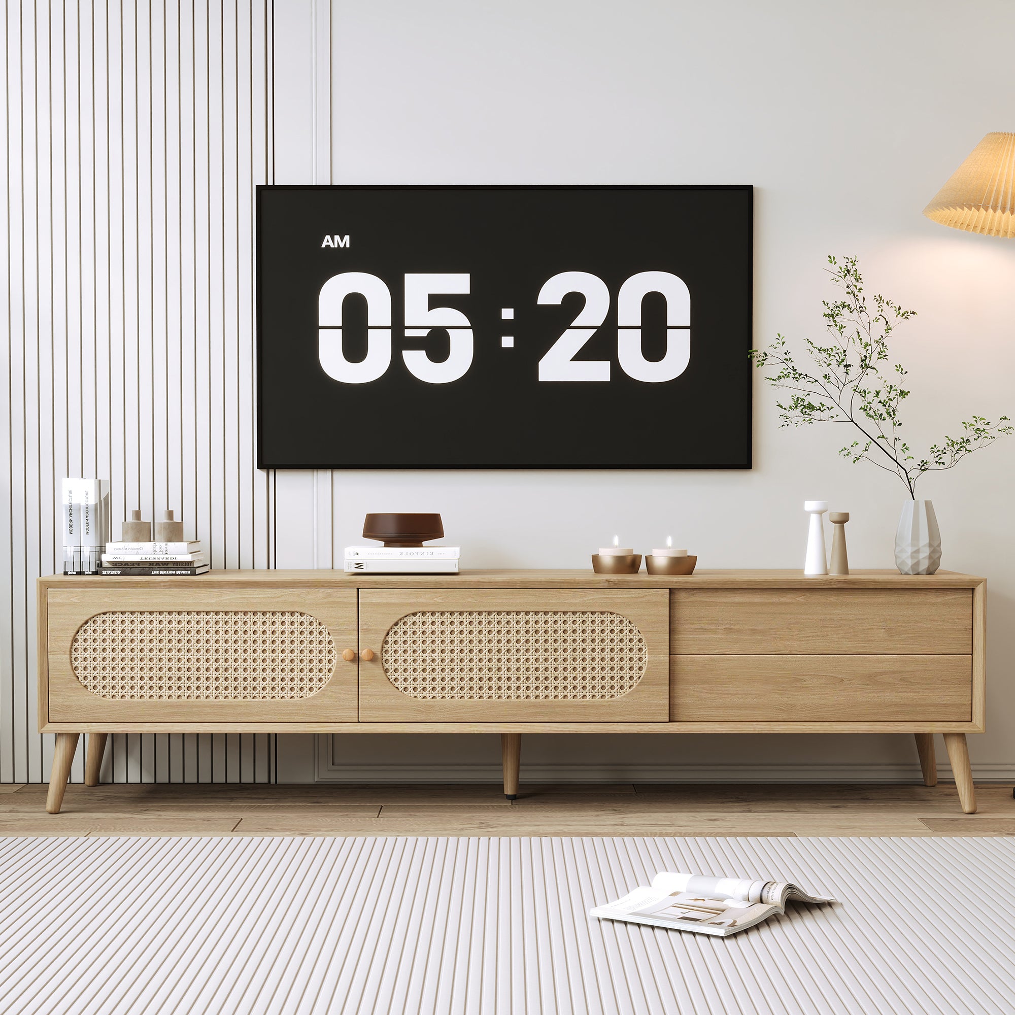 Boho TV Stand for TVs up to 80'', Modern Farmhouse Media Console with Solid Wood Legs, Natural Wood Finish, MDF Cabinet, 70.8''L x 15.7''W x 17.7''H - Grand Goldman Shop